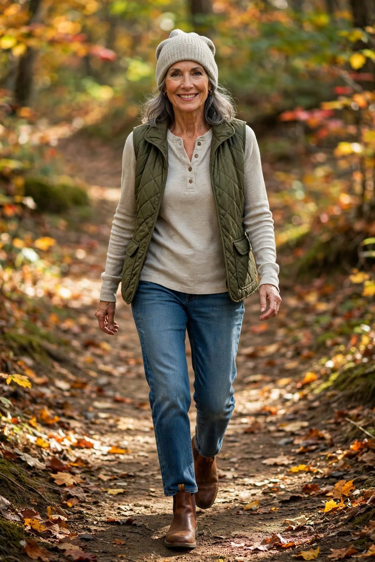 Energetic 60s woman hiking in straight-leg jeans with quilted vest and leather boots