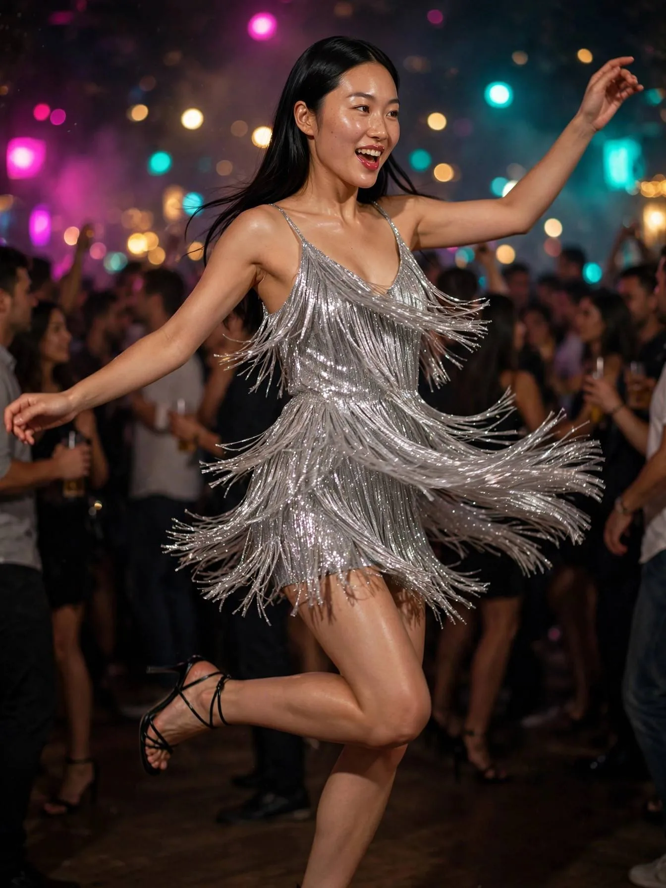 Woman wearing a sparkly fringe mini dress dancing under colorful lights.