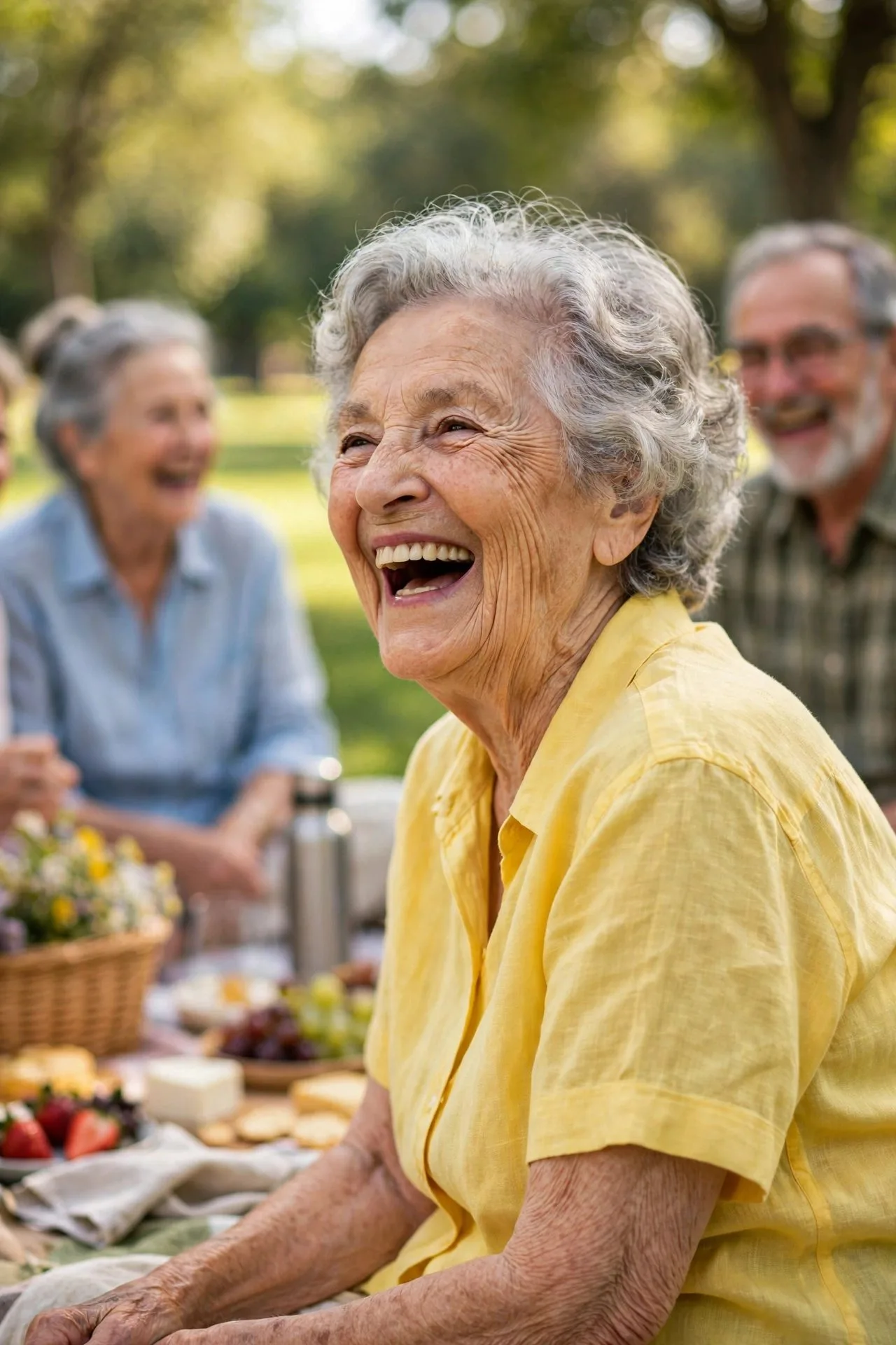 Senior friends laughing together heartily at a sunny cafe table.