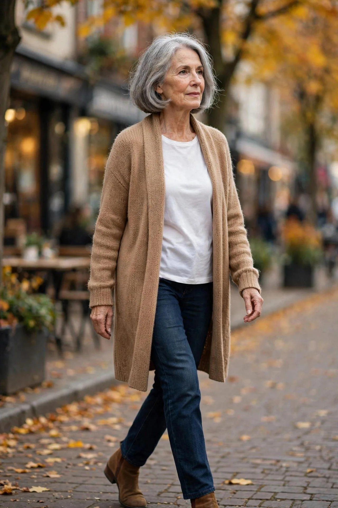 Older woman wrapped in long camel cardigan over basic white tee and denim