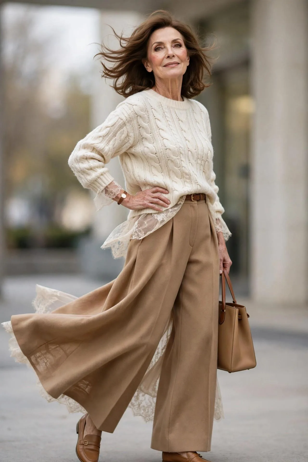 Mature woman in cream cable-knit sweater and camel wide-leg trousers with leather loafers.