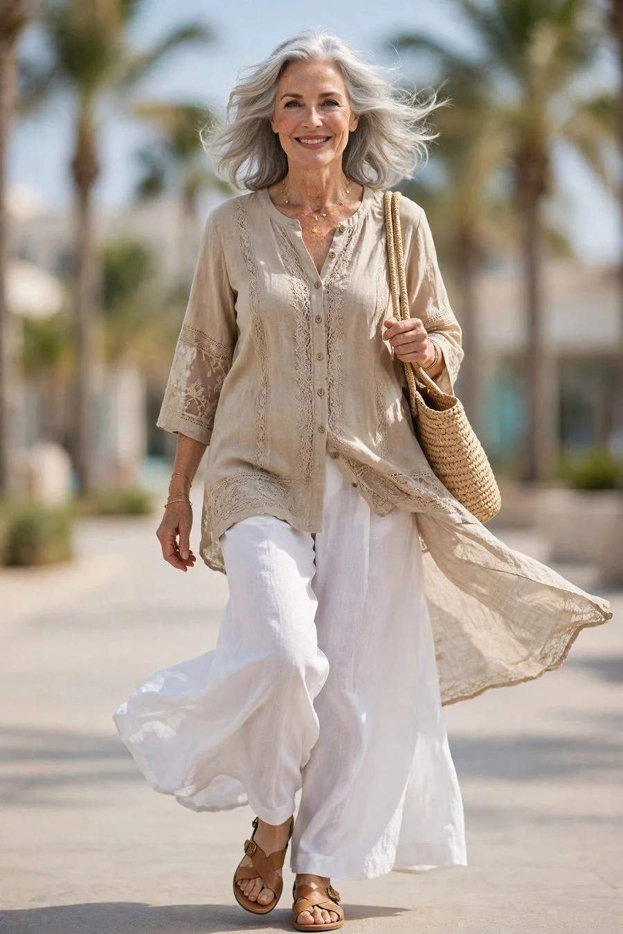 Elegant mature woman in white linen wide-leg pants and sand tunic walking outdoors