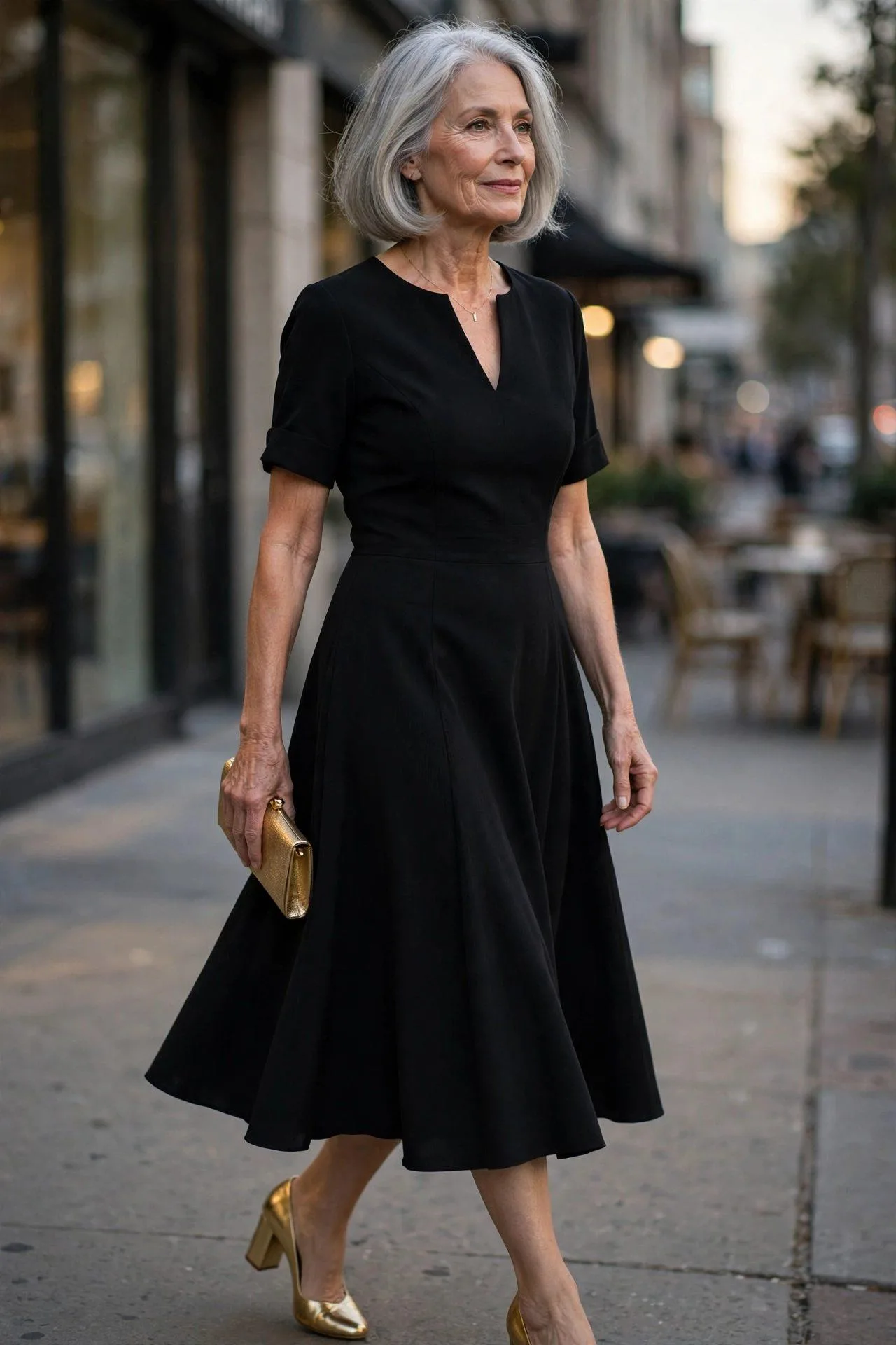 Woman in her early sixties wearing a classic black midi dress with metallic gold accessories