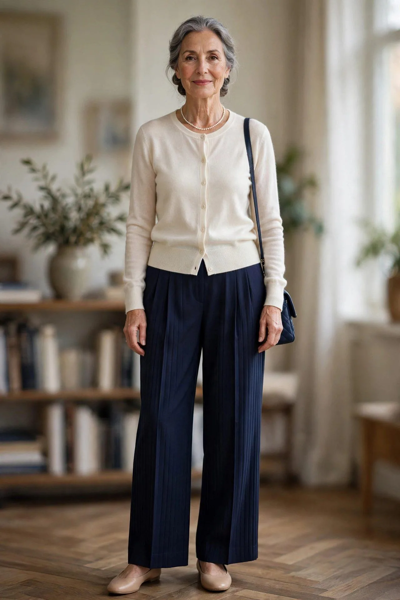 Pleated Wide-Leg + Fitted Cardigan