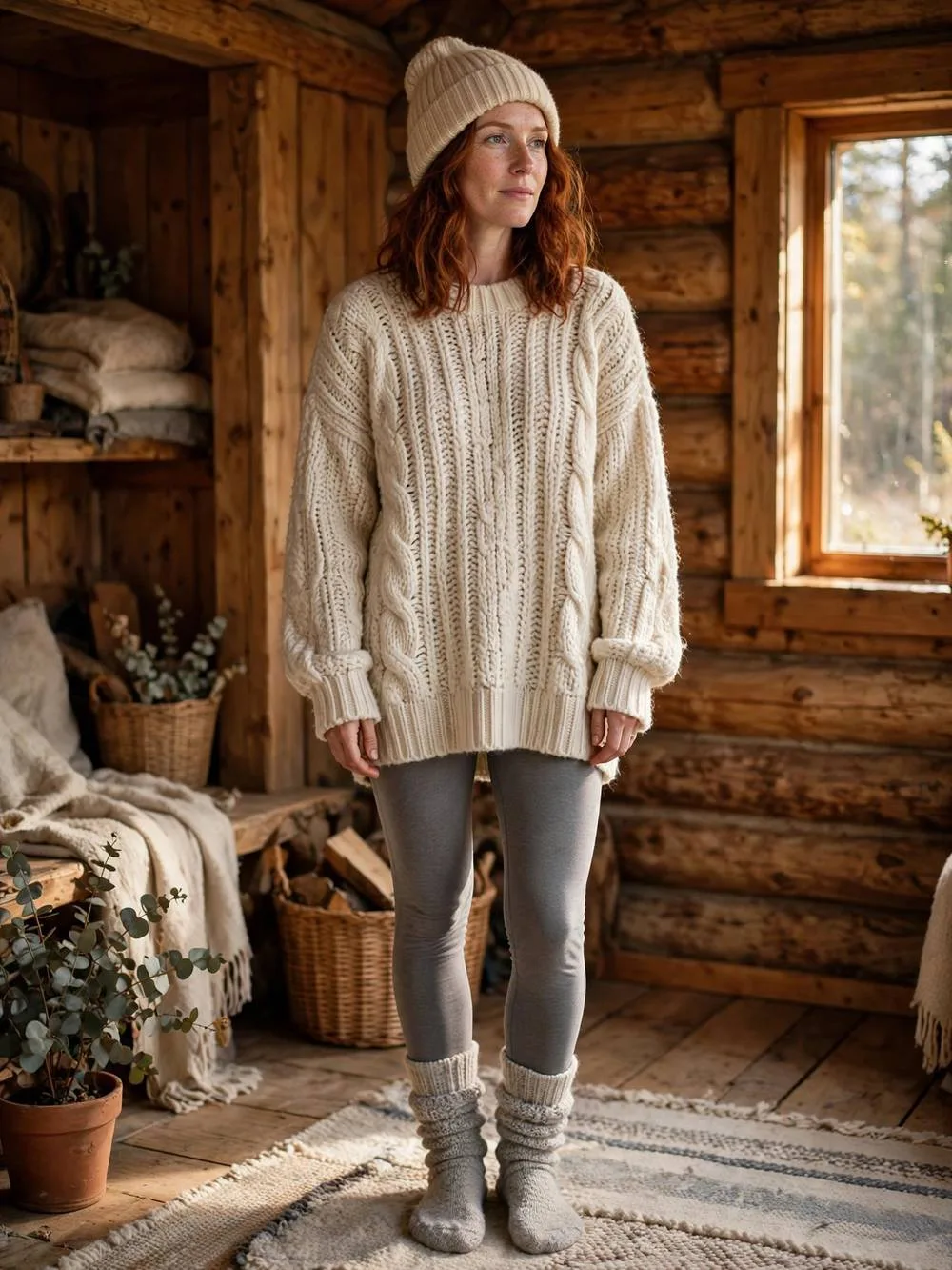 Woman in chunky fisherman knit sweater with wool socks inside cozy cabin.