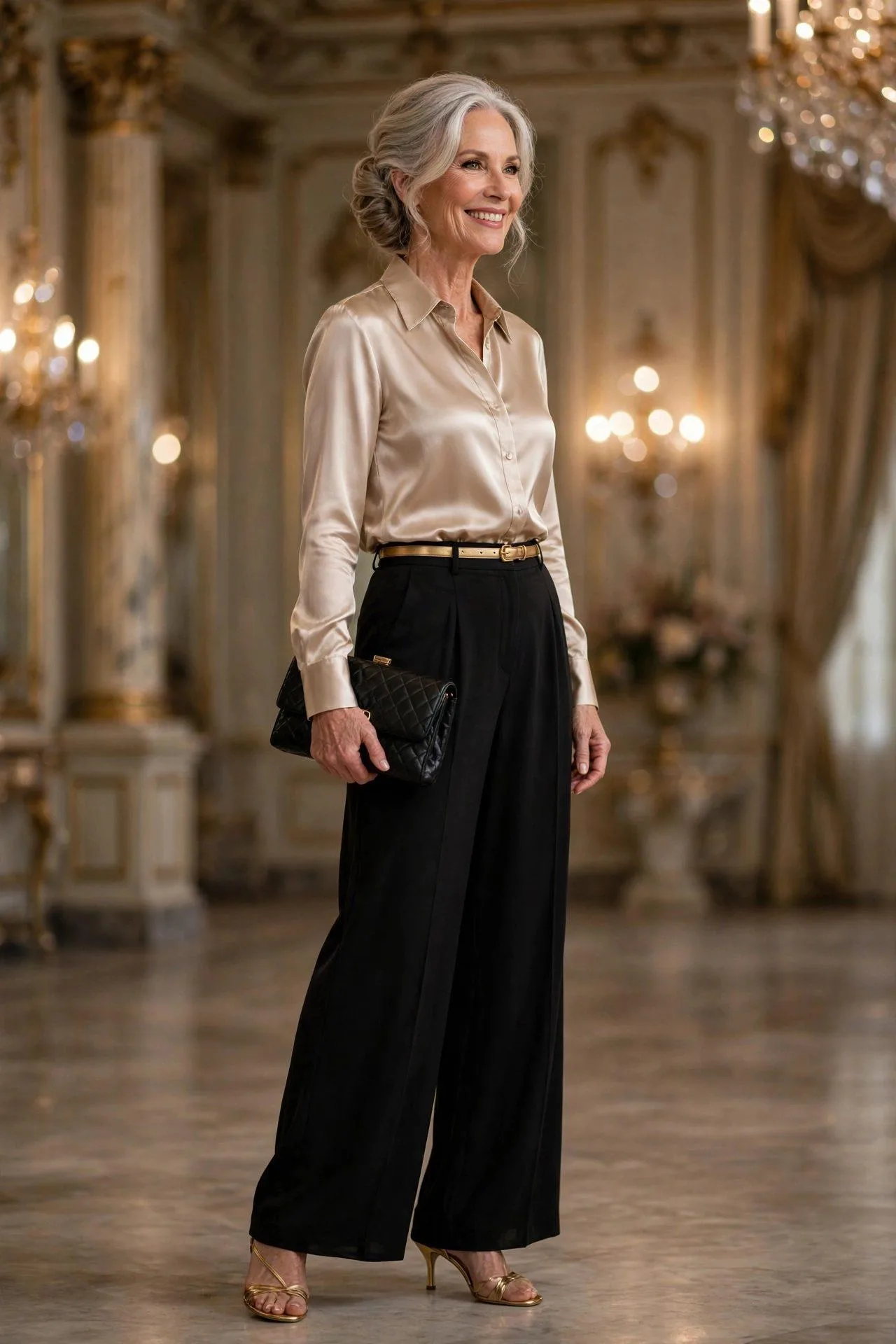 Chic Evening: Champagne Satin Blouse + Black Palazzo Pants