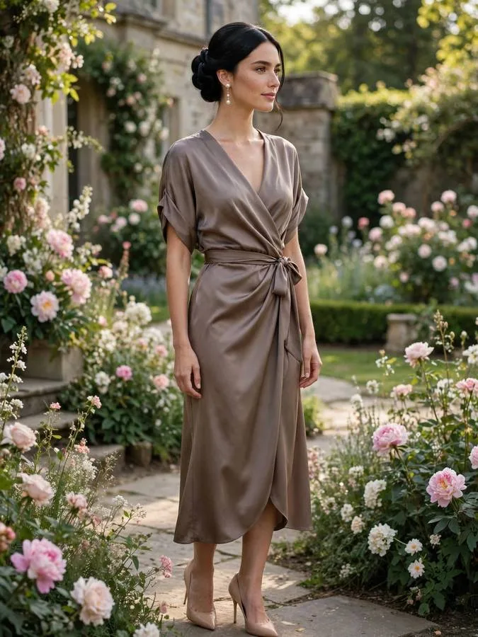 A woman wearing a taupe satin wrap dress with pearl earrings.