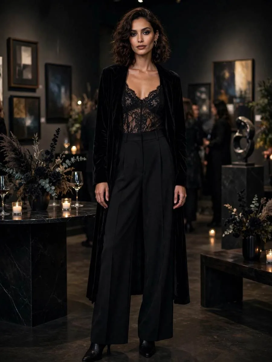 Matching black lace camisole and trousers co-ord set with velvet duster.