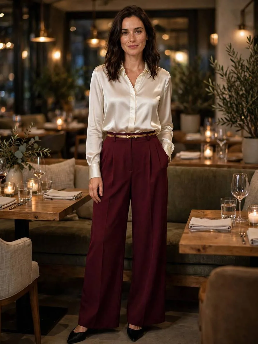 Satin Blouse + Burgundy Wide-Leg Trousers