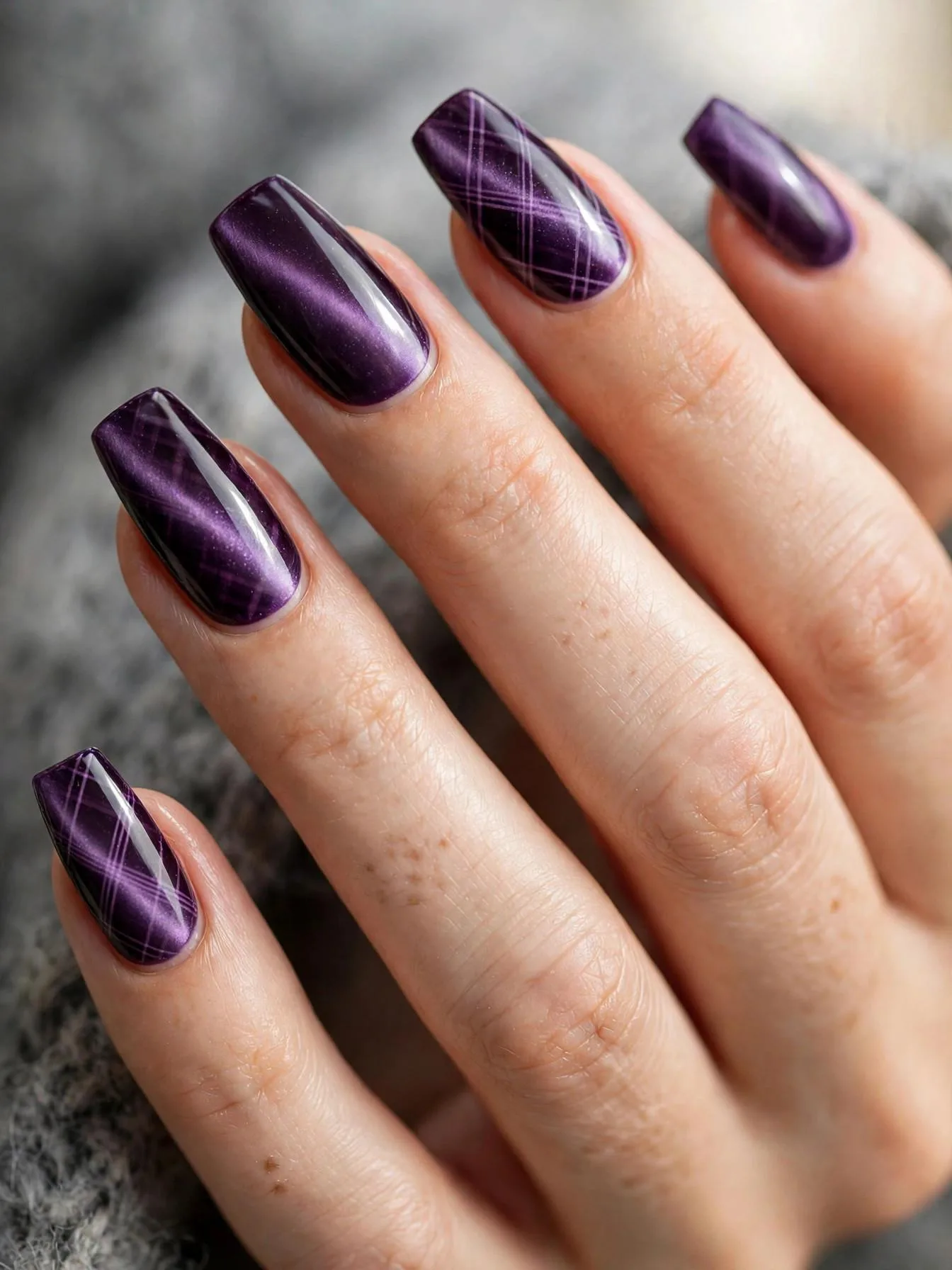 Medium coffin nails with purple tartan plaid over cat eye.