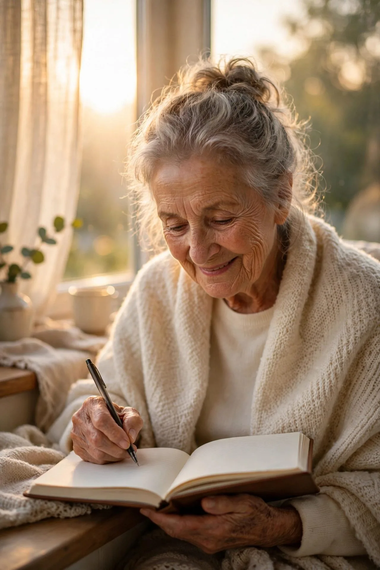 Older woman reflecting gratefully while holding warm tea at sunrise.
