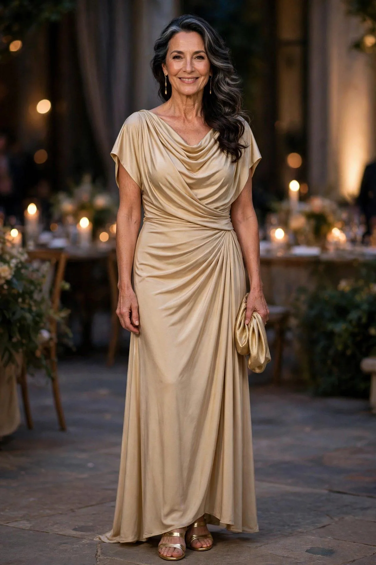 Luminous mature woman in a Grecian-style champagne draped evening gown