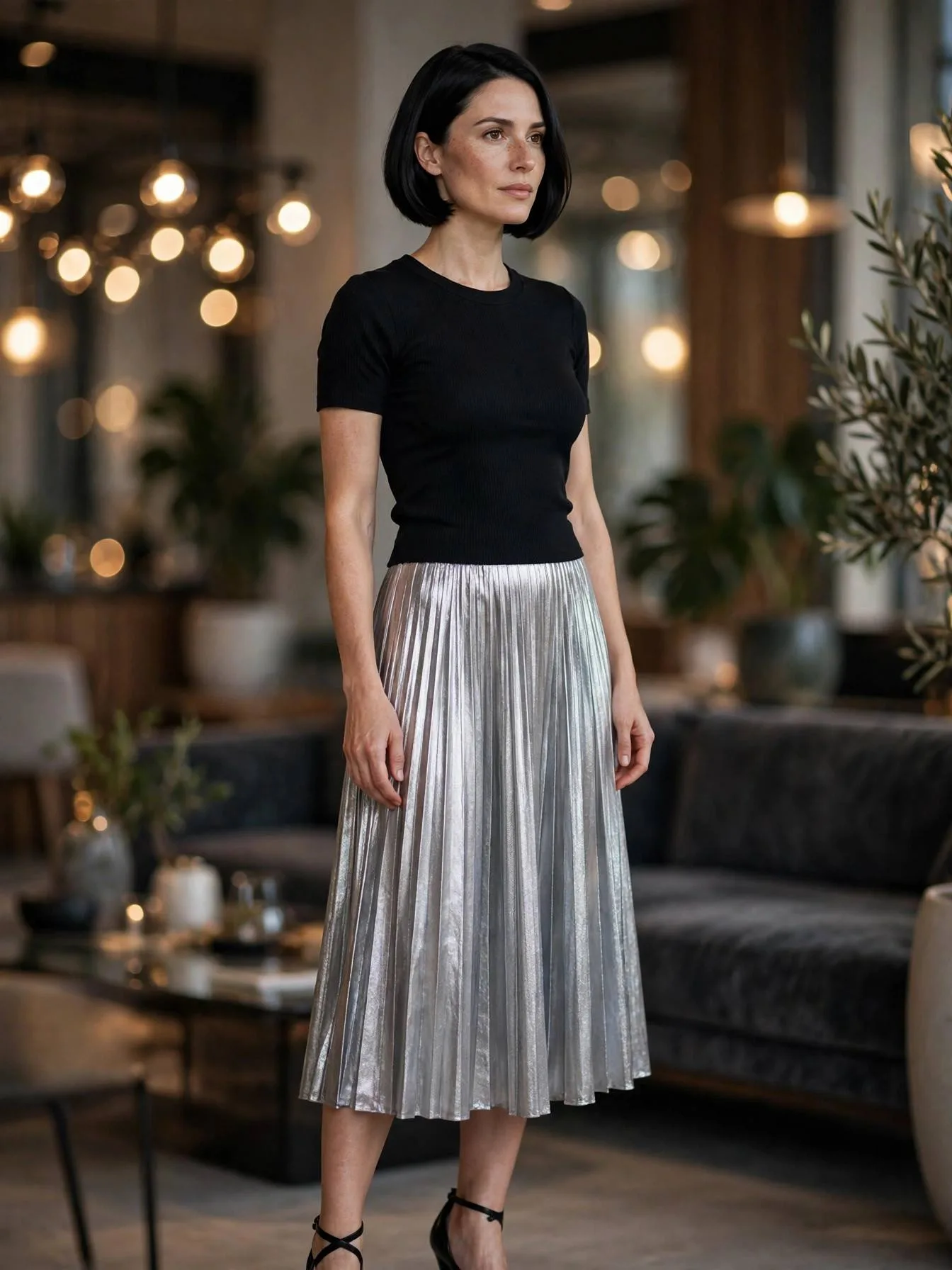 Silver pleated midi skirt styled with a black fitted top and heels.