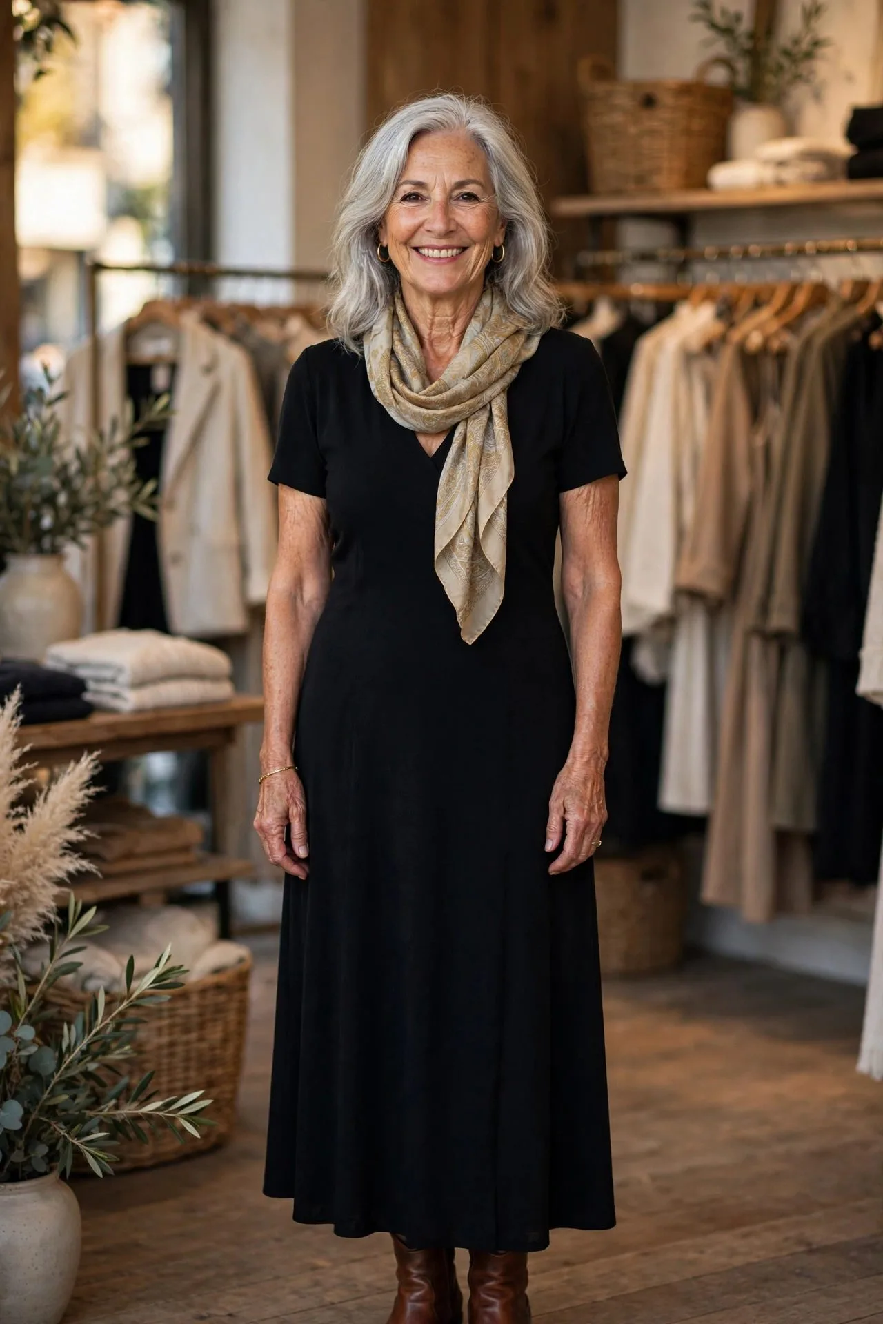 Elegant woman over 60 with grey hair in stylish outfit