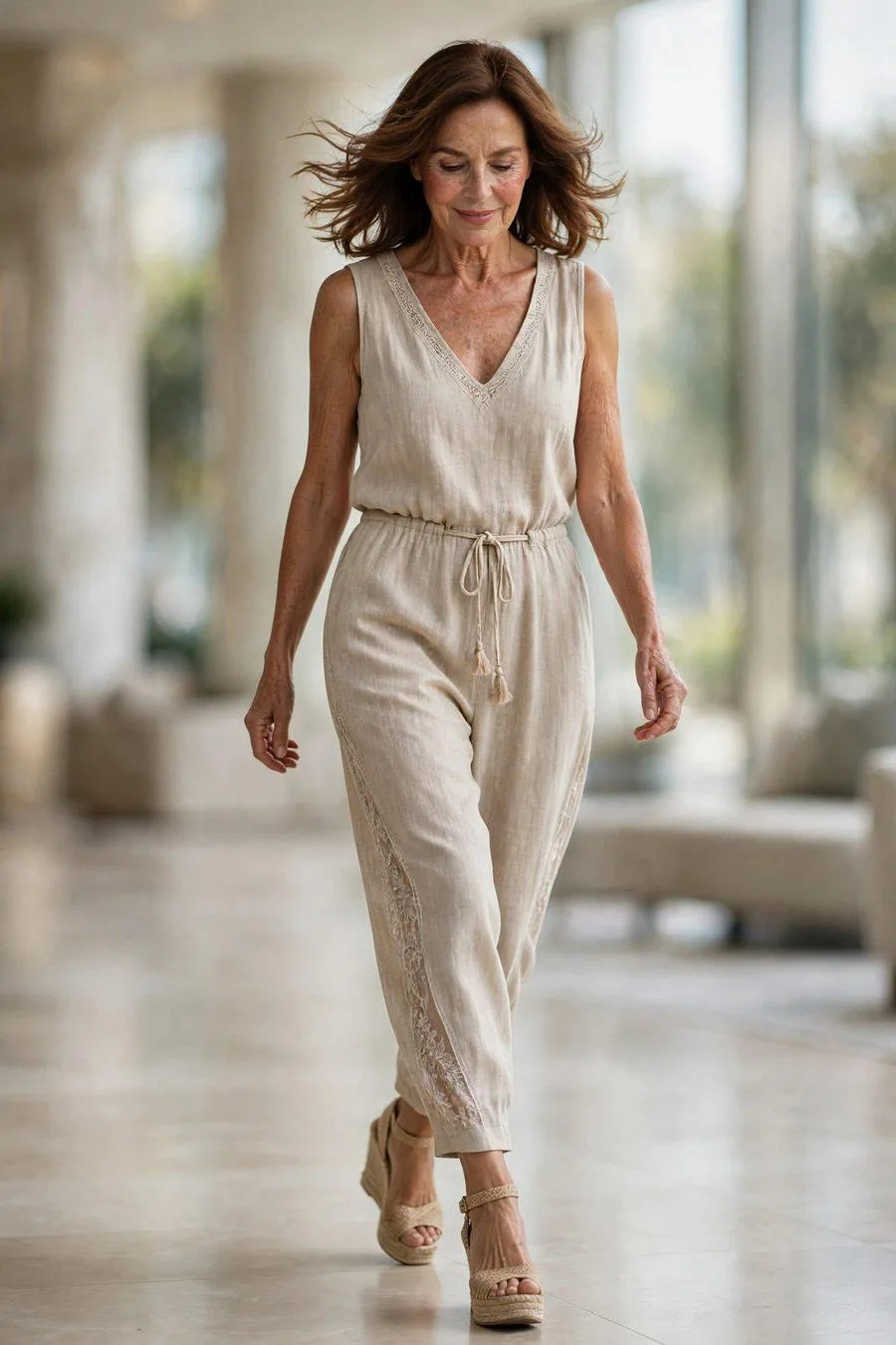 Elegant woman in stone sleeveless linen jumpsuit with espadrilles at airport