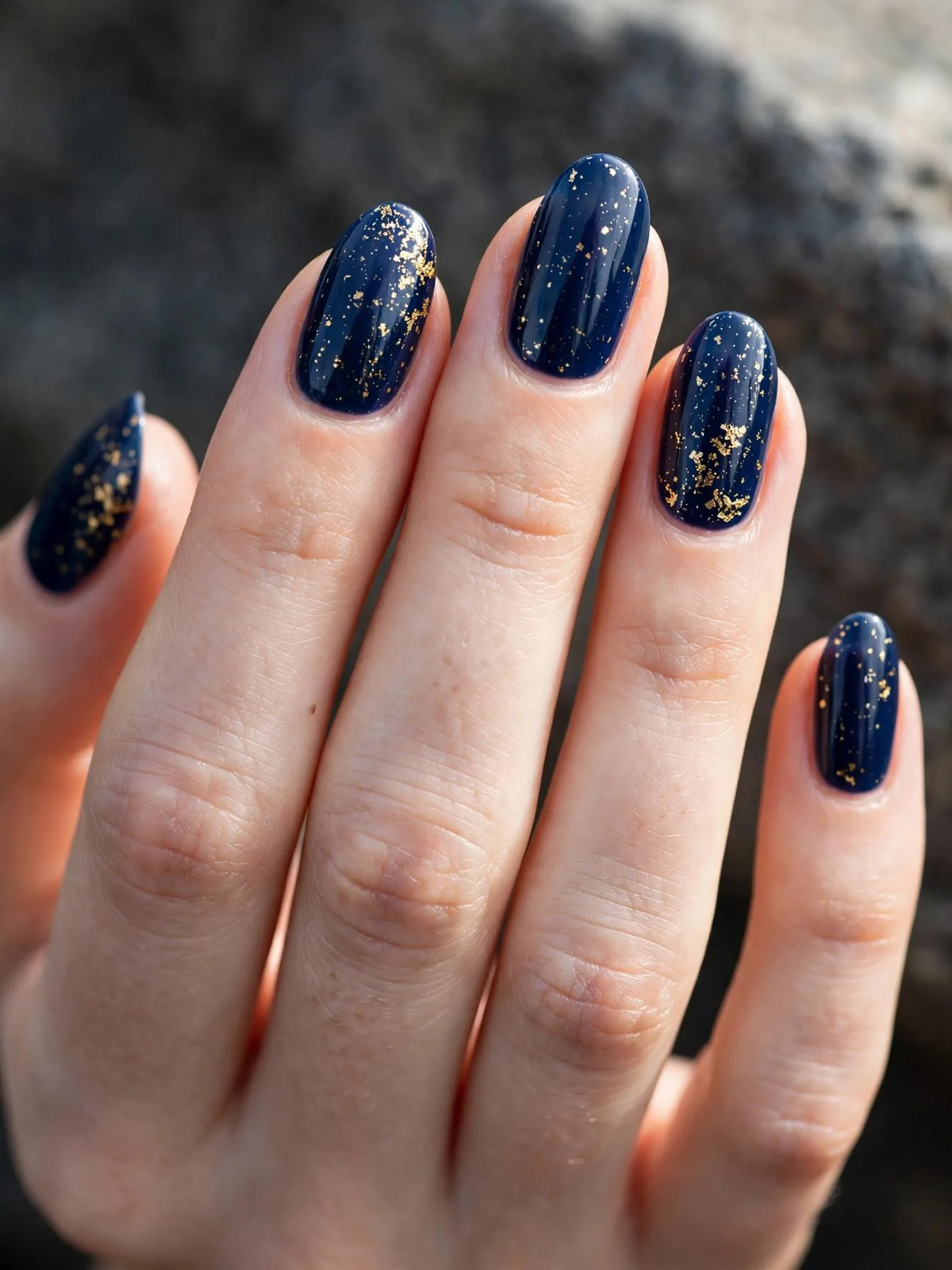 Medium almond nails in glossy deep navy scattered with gold foil star constellations.