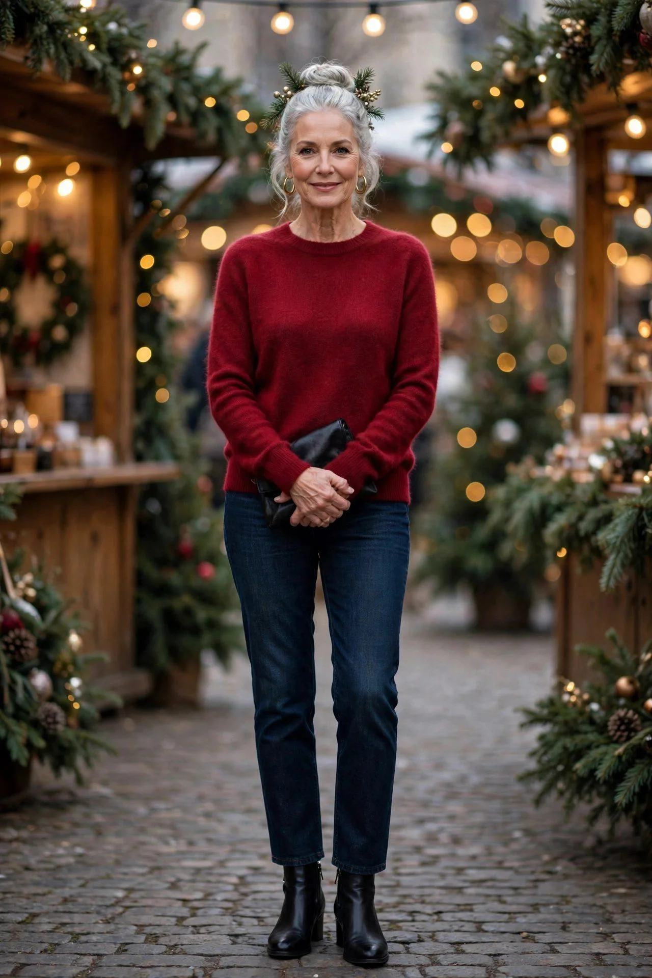 Holiday-ready 60s woman in dark denim jeans with rich red cashmere and ankle boots