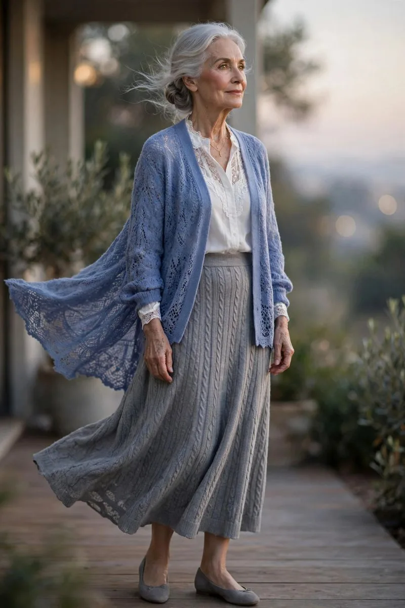 Peaceful mature woman on a porch at dusk in a soft cardigan, day ending calmly.