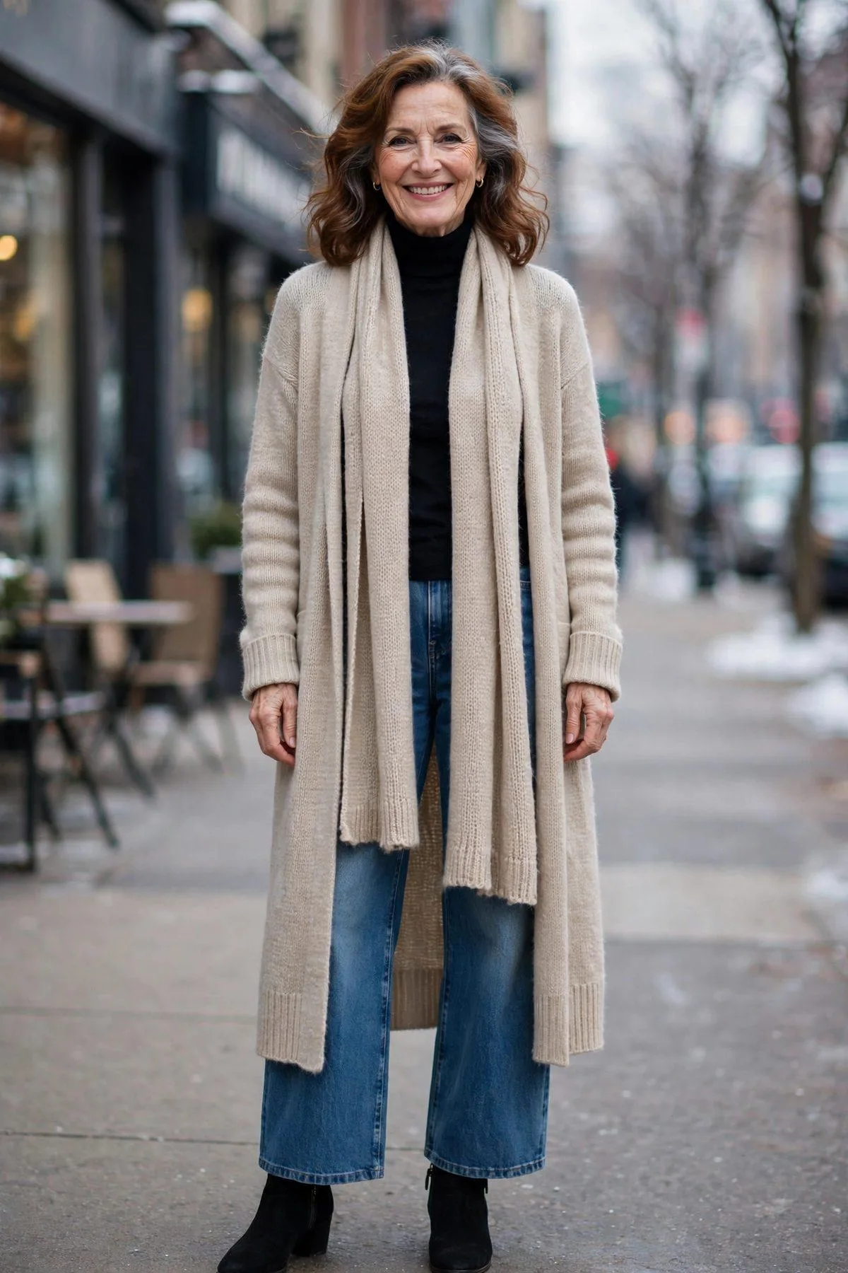 Cardigan Coat, Turtleneck & Wide-Leg Jeans