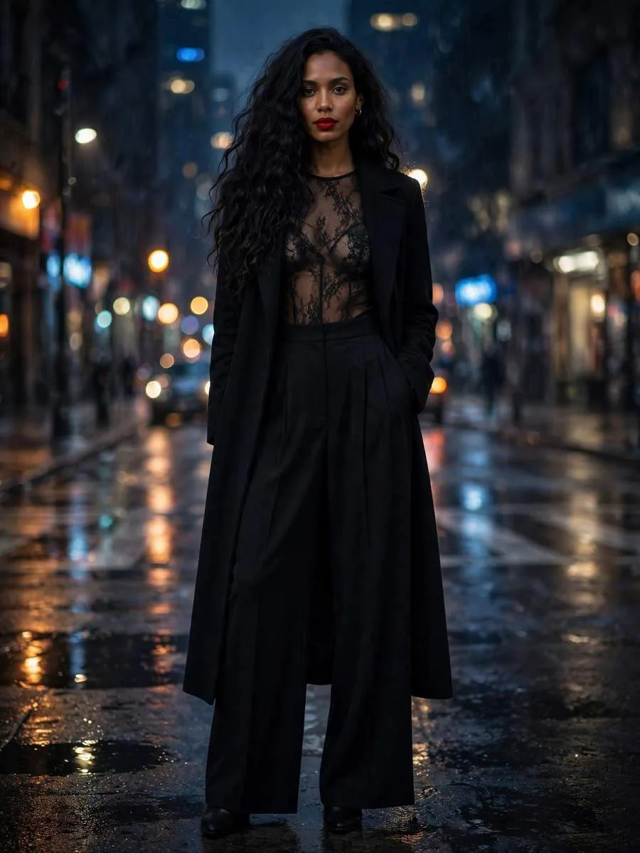 Woman in a black lace bodysuit with wide-leg trousers and a long coat at night.