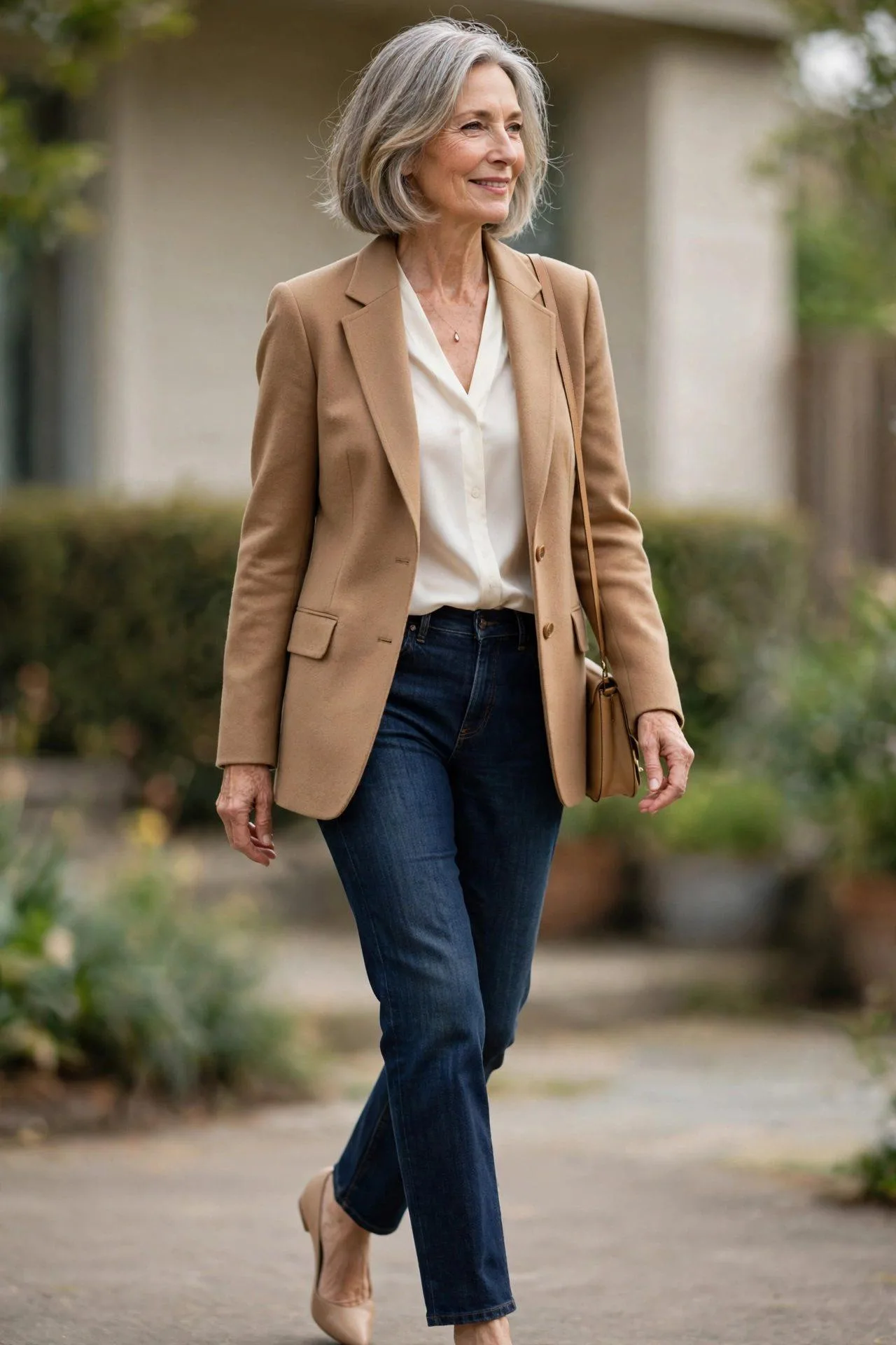 Active woman in her sixties in dark jeans, silk blouse and camel blazer