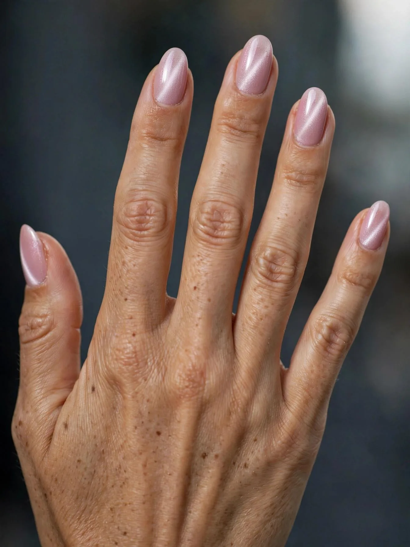 Light pink almond nails with a magnetic cat-eye shimmer stripe.