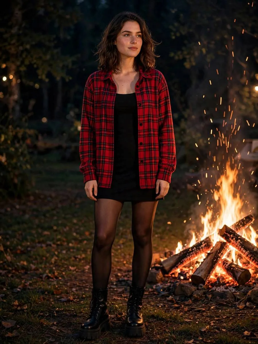 Plaid Shacket + Black Mini + Opaque Tights