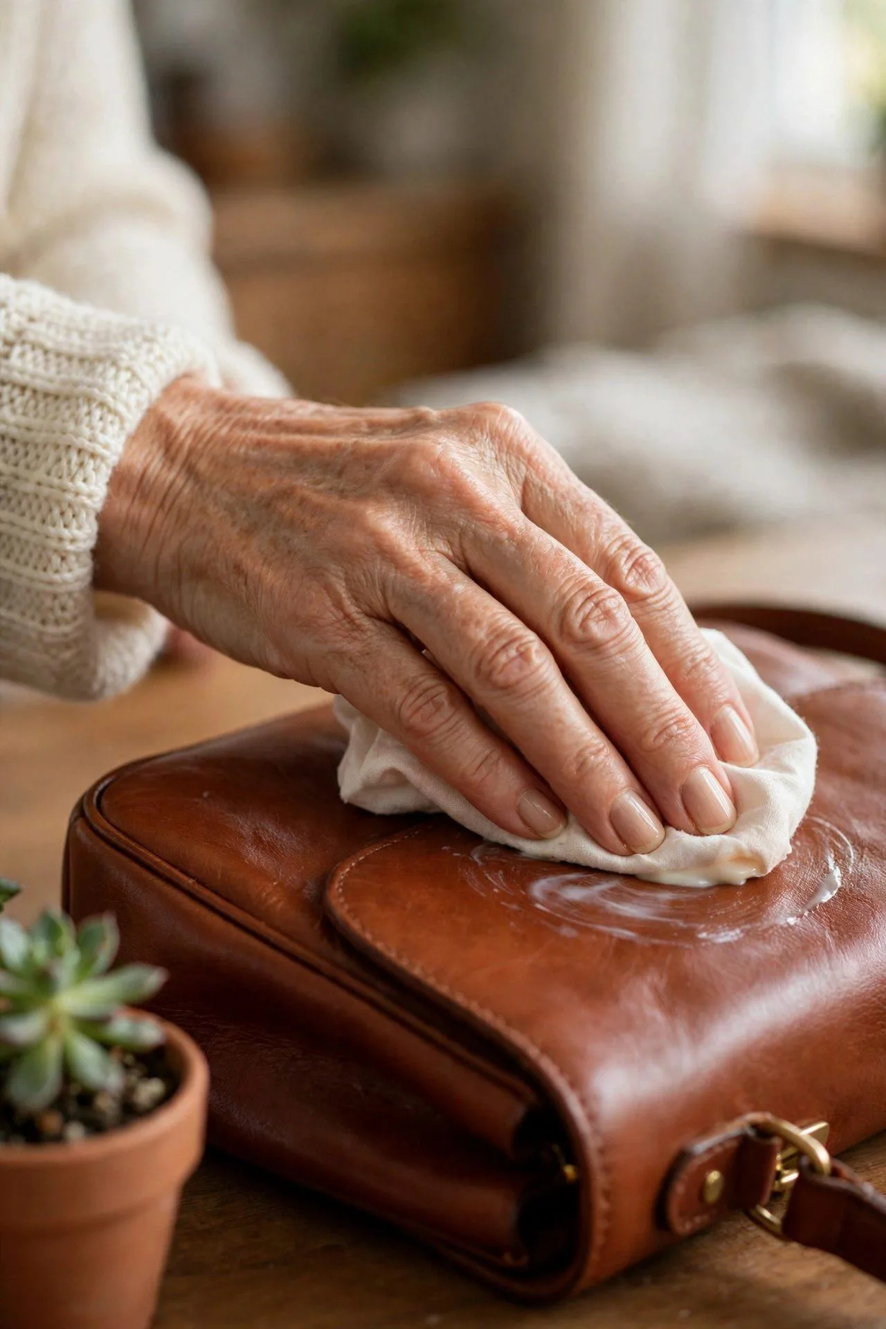 Woman lovingly applying leather conditioner to her tan handbag as part of simple maintenance routine.