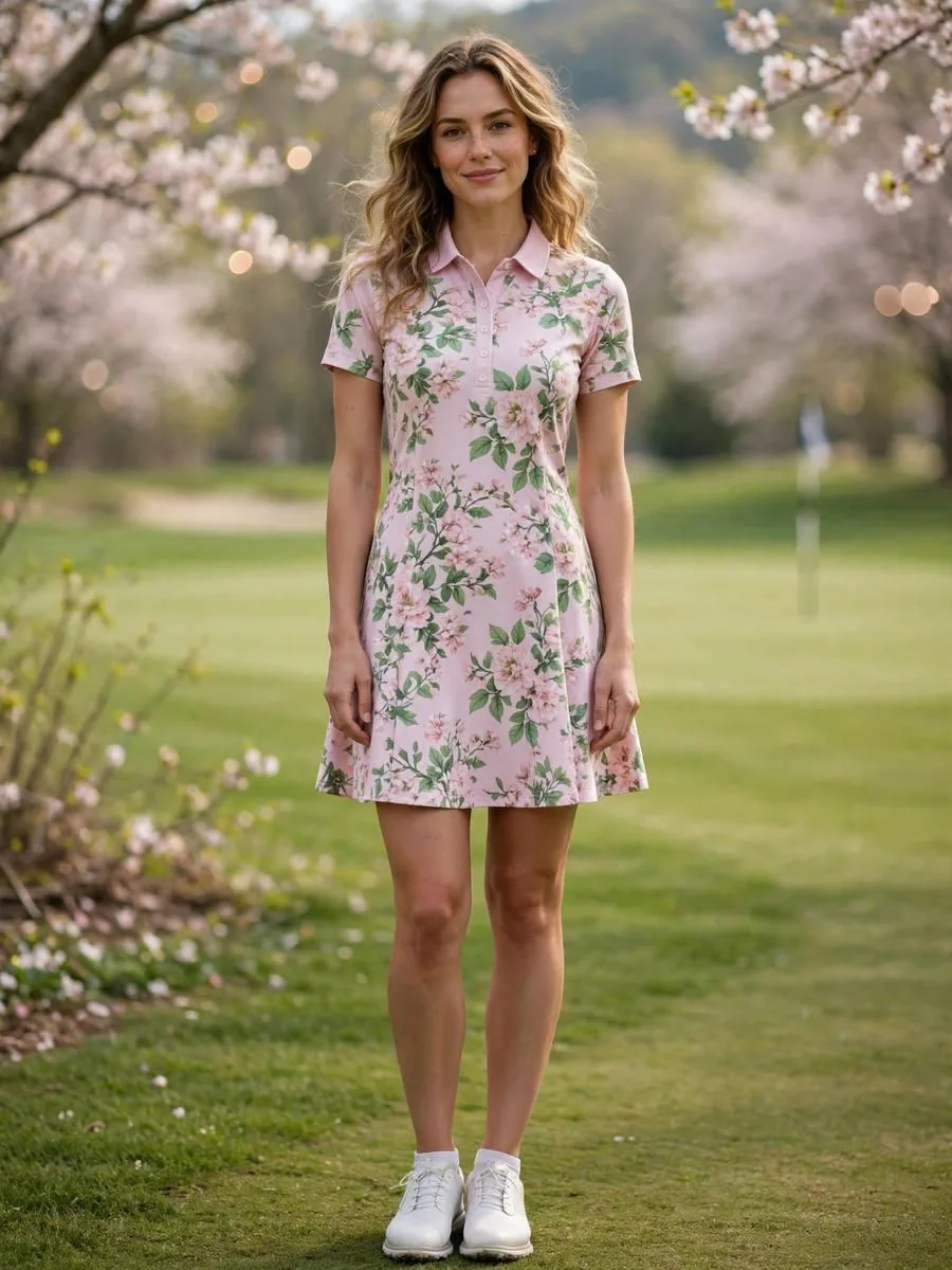Floral A-line golf dress with white shoes on the fairway.