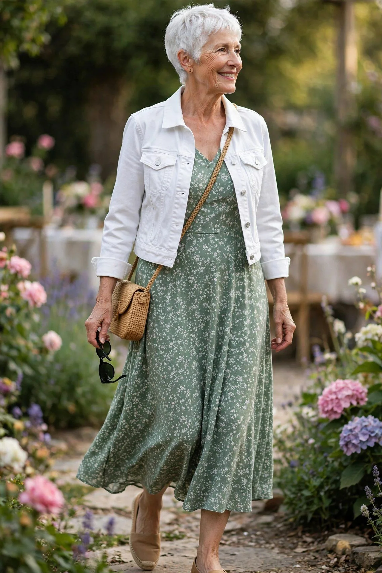 Sunny older woman in a sage-green printed dress with a cropped white jacket