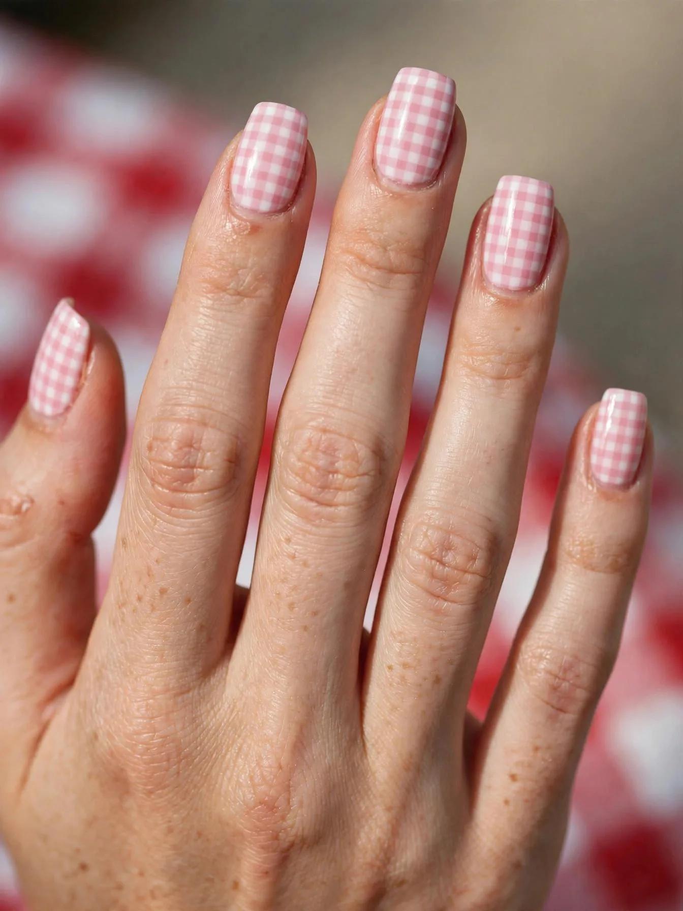 Square baby pink nails stamped with a classic white gingham check.