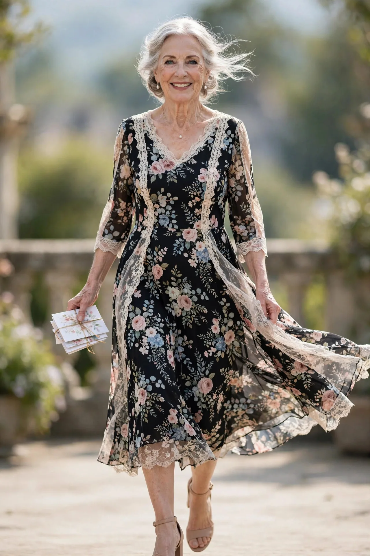 Elegant woman in her late 60s smiling warmly while writing birthday cards.