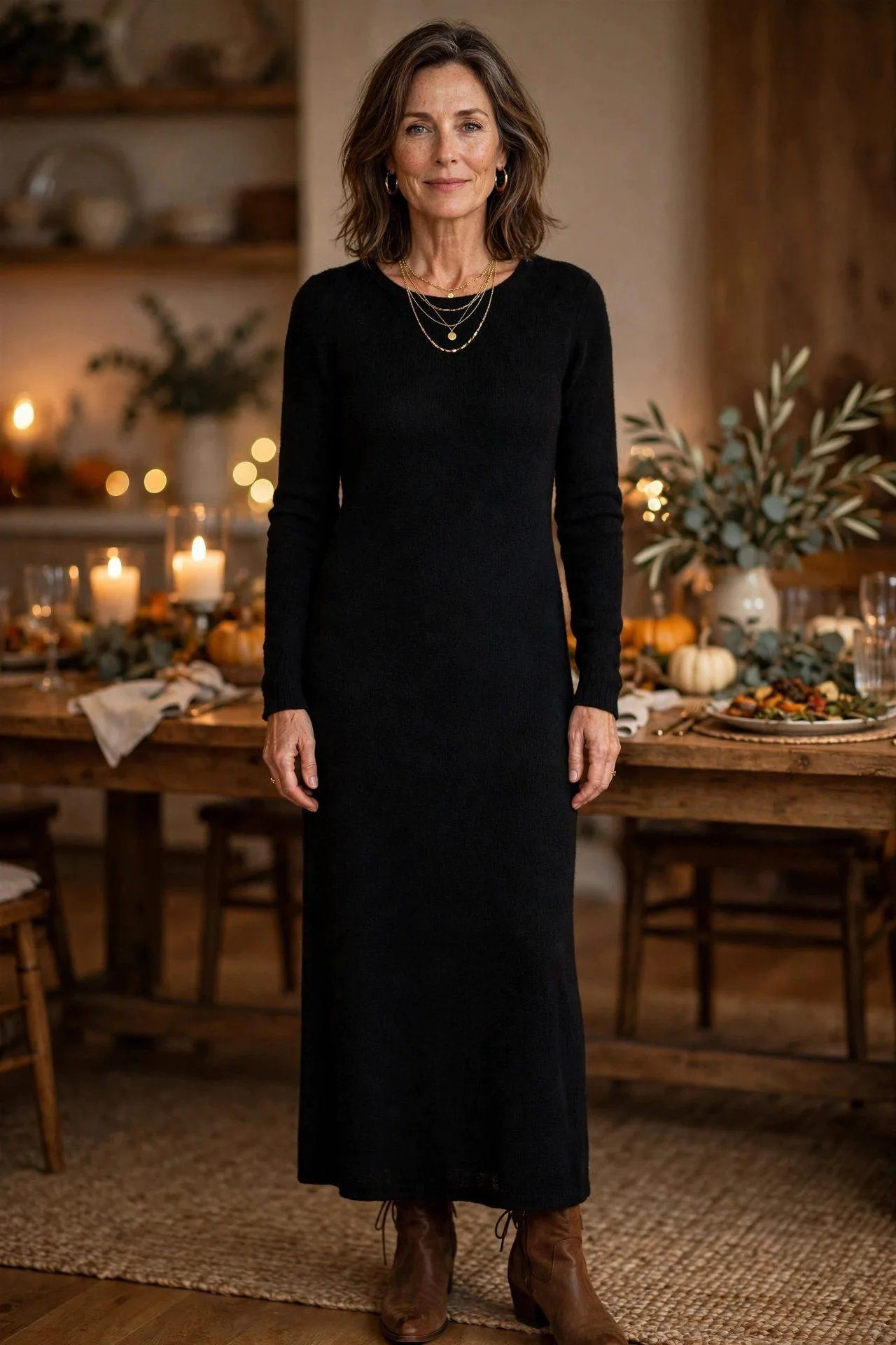 Woman over 50 in relaxed black knit maxi dress.