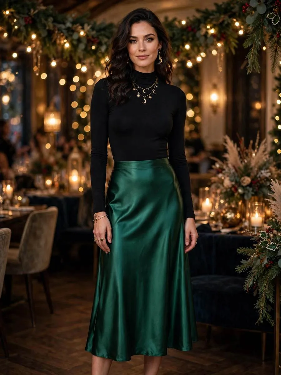 Emerald green satin midi skirt paired with a black bodysuit and gold jewelry.