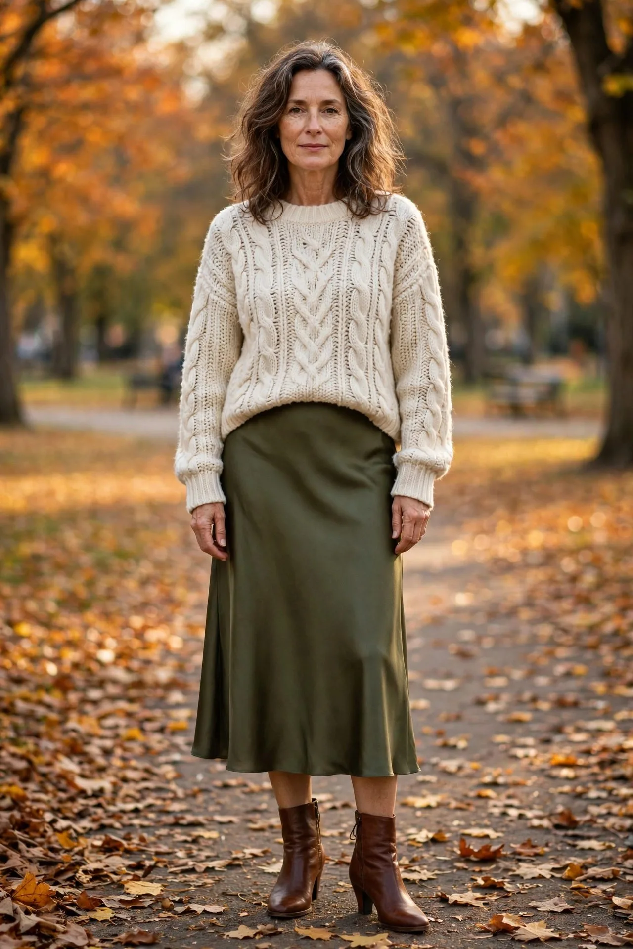 Woman over 50 wearing cream sweater with olive midi skirt.