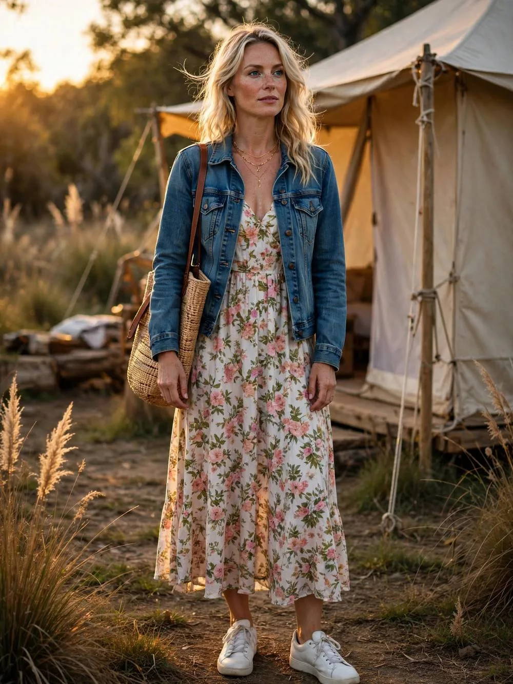 Woman in denim jacket over floral sundress outside a glamping tent.