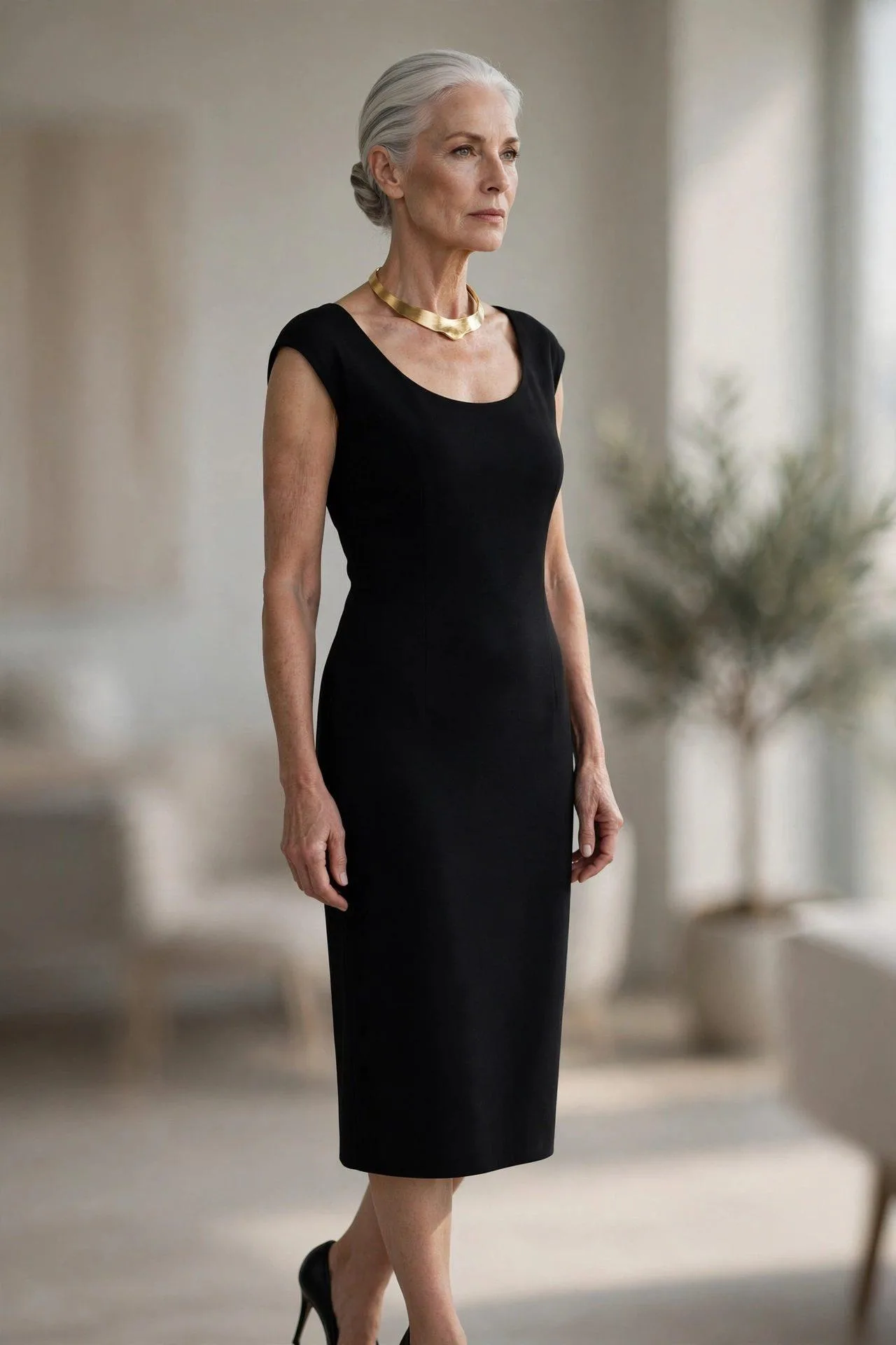 Minimal hammered-silver collar band worn with a simple black sheath dress.