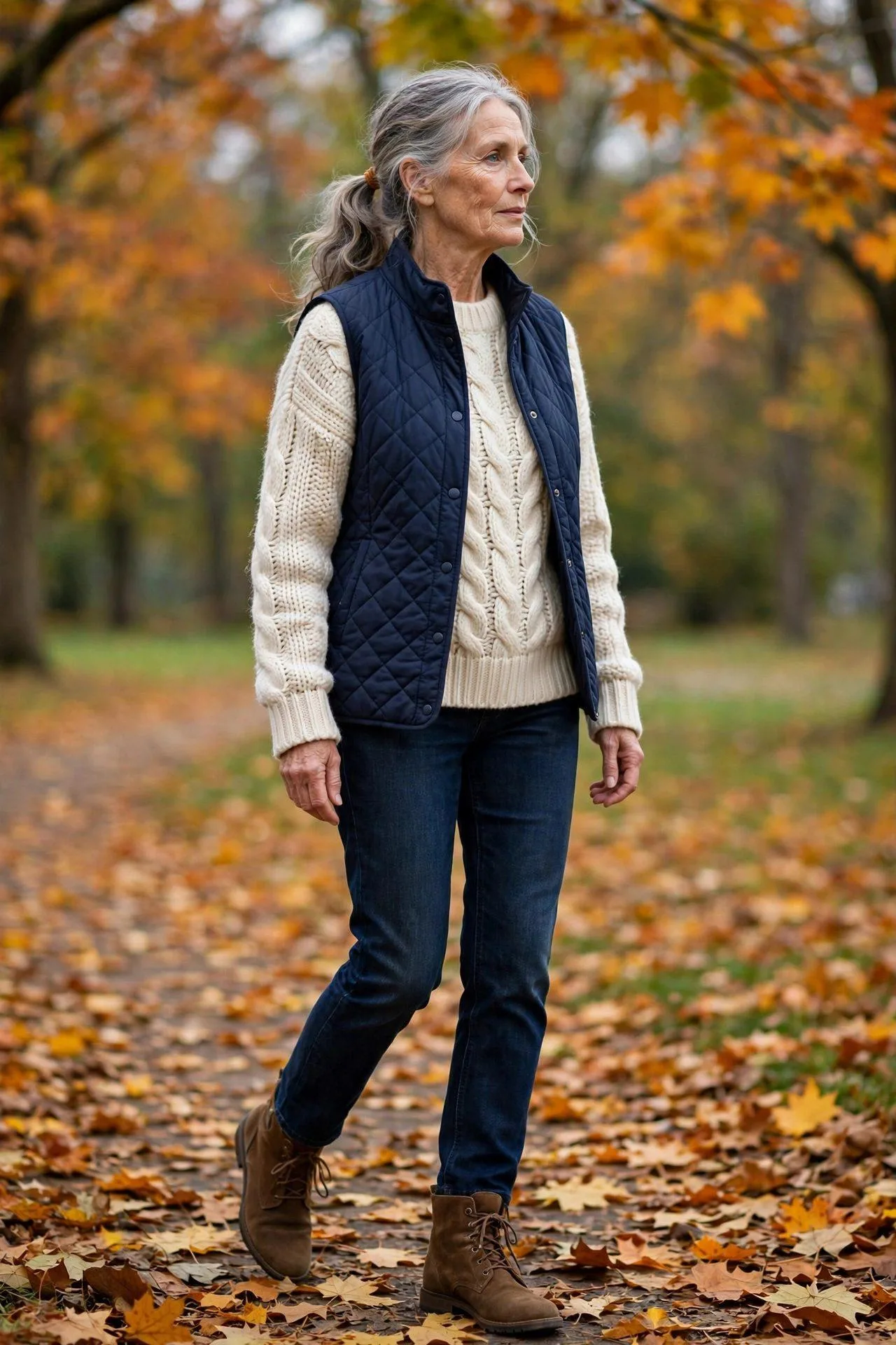 Older woman in quilted navy vest layered over thick cream fisherman sweater