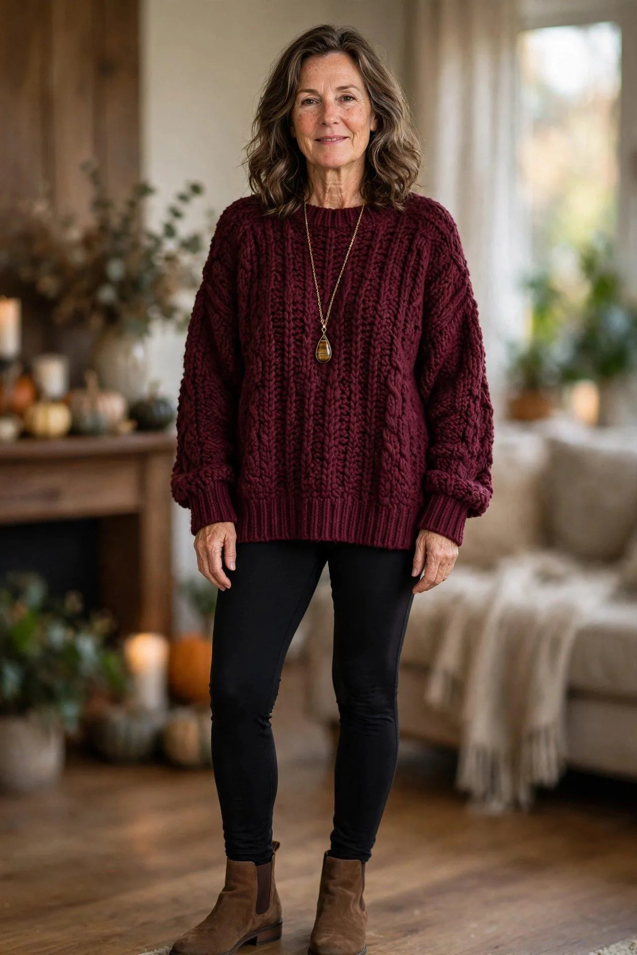 Woman over 50 in oversized burgundy sweater and ponte leggings.