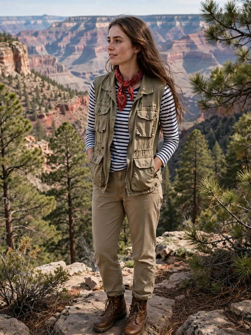 Woman in canvas utility vest and bandana at a national park overlook.