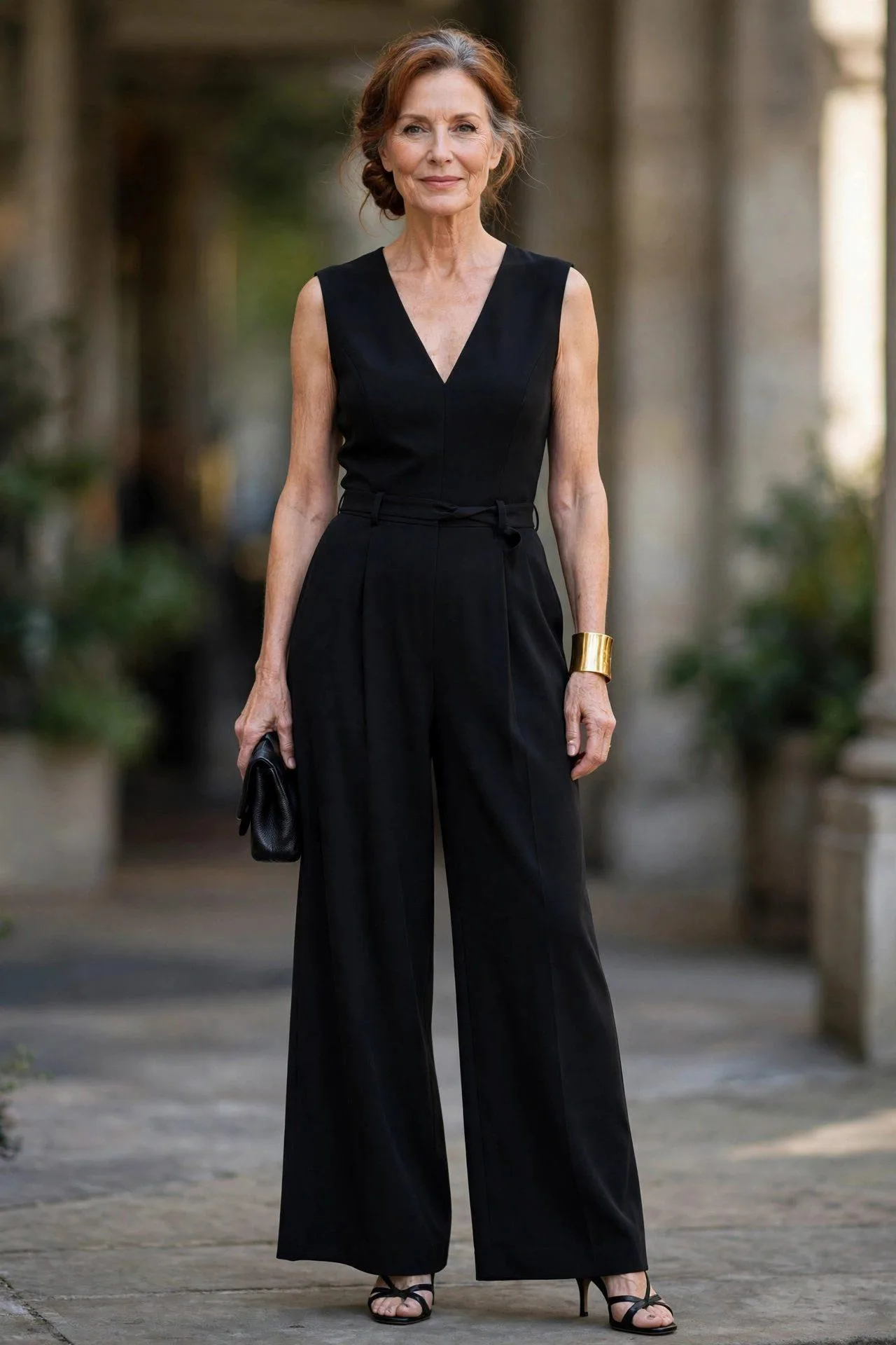 Poised woman in her late fifties in a sleek black jumpsuit with wide-leg trousers
