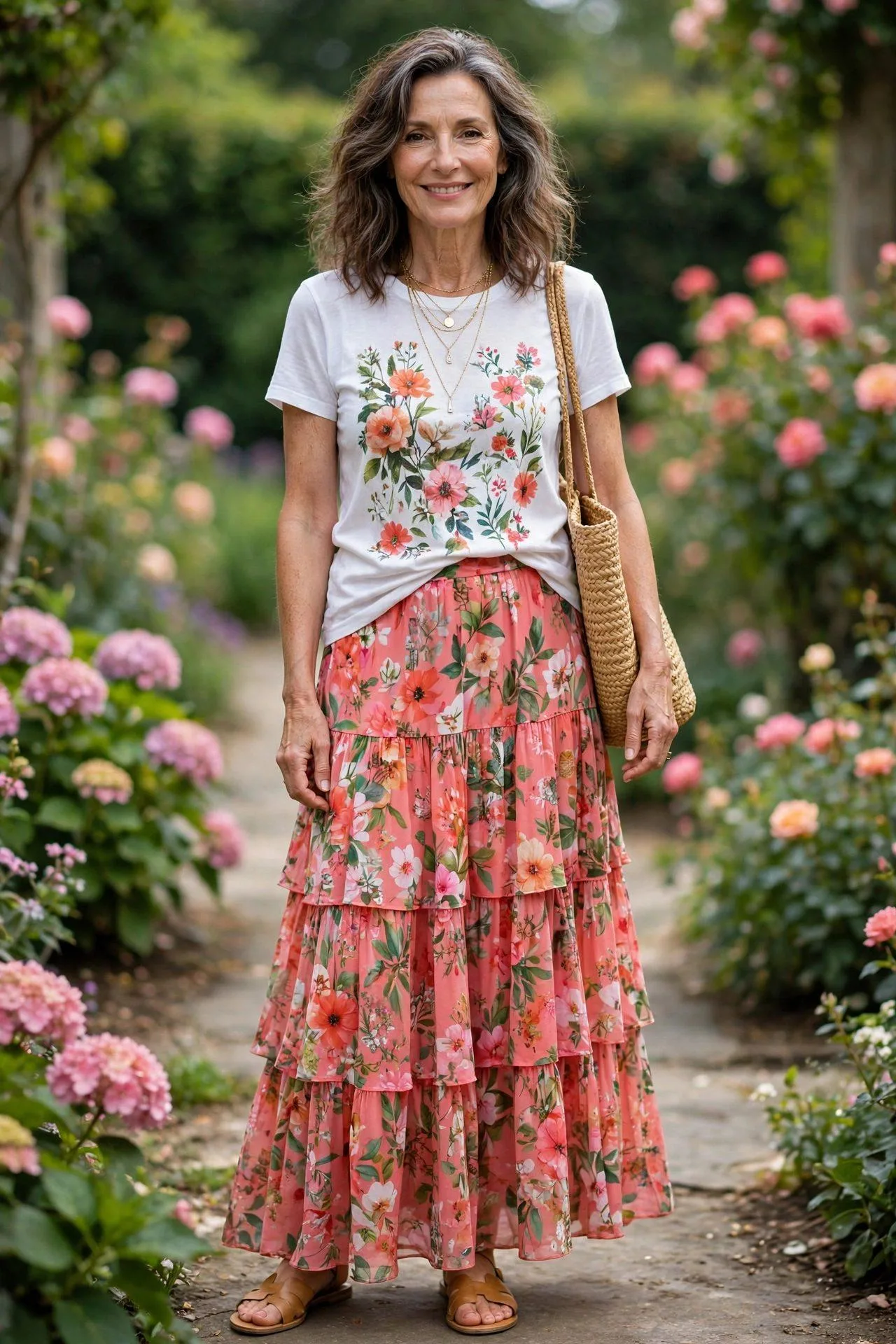 Warm-smiling woman pairing a floral-print white tee with a flowing coral tiered maxi skirt and straw tote among roses.
