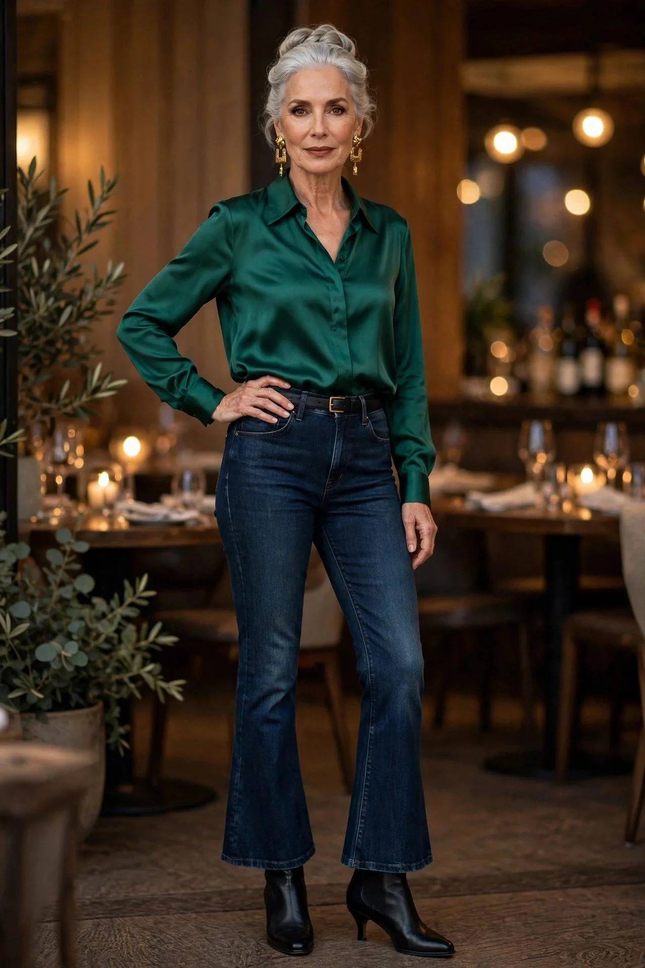 Chic 60s woman dressed for evening in flared kick jeans with jewel-tone silk blouse