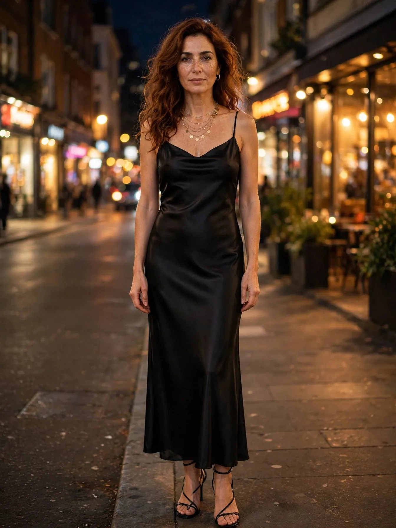 Woman wearing an elegant black satin slip dress with layered necklaces.