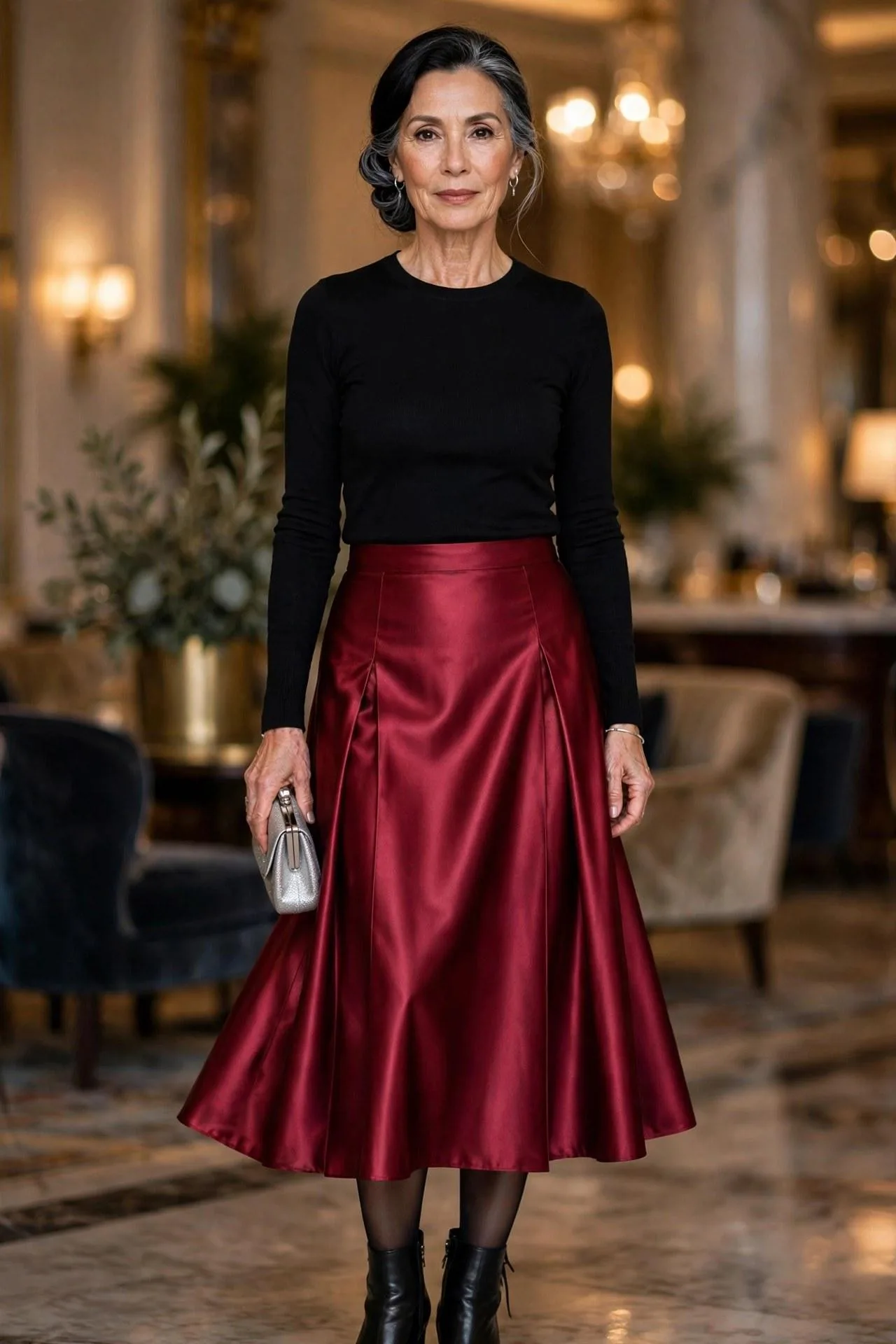 Graceful woman in a wine-red pleated satin skirt, black knit top and ankle boots — evening-ready chic outfits in luxurious clothes for women.