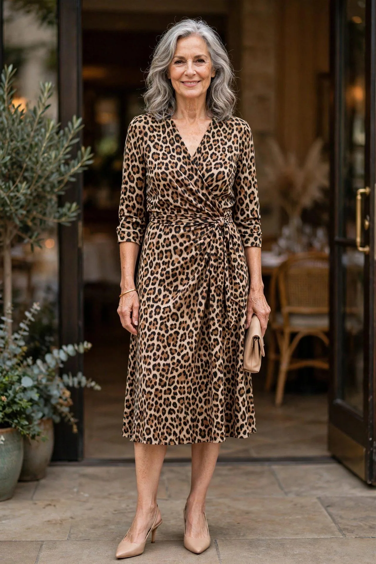 Radiant mature woman wearing leopard wrap dress with elegant slingback heels
