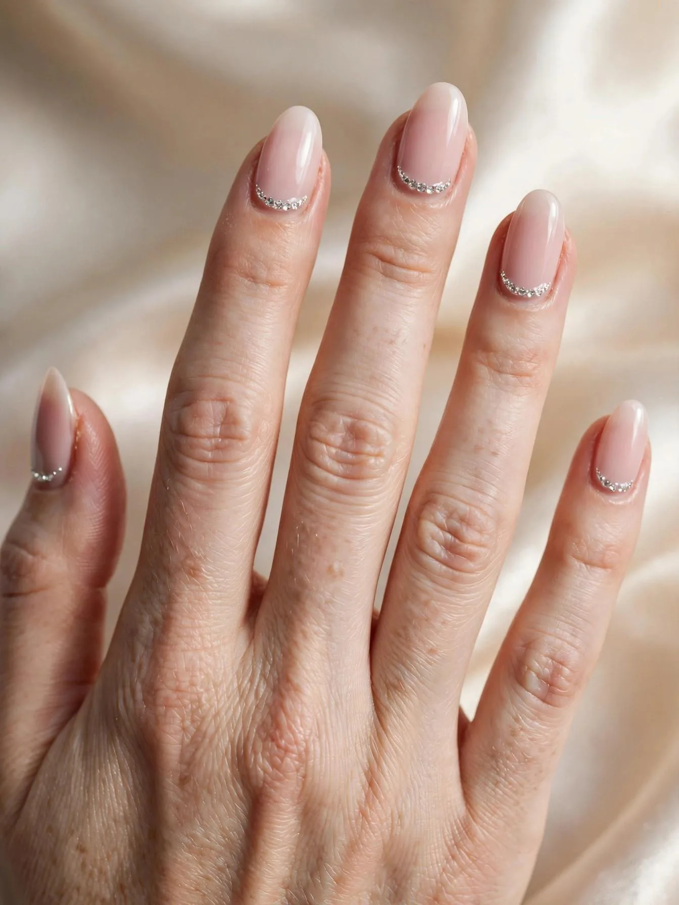 Baby pink almond nails lined with micro crystals in a gentle arc.