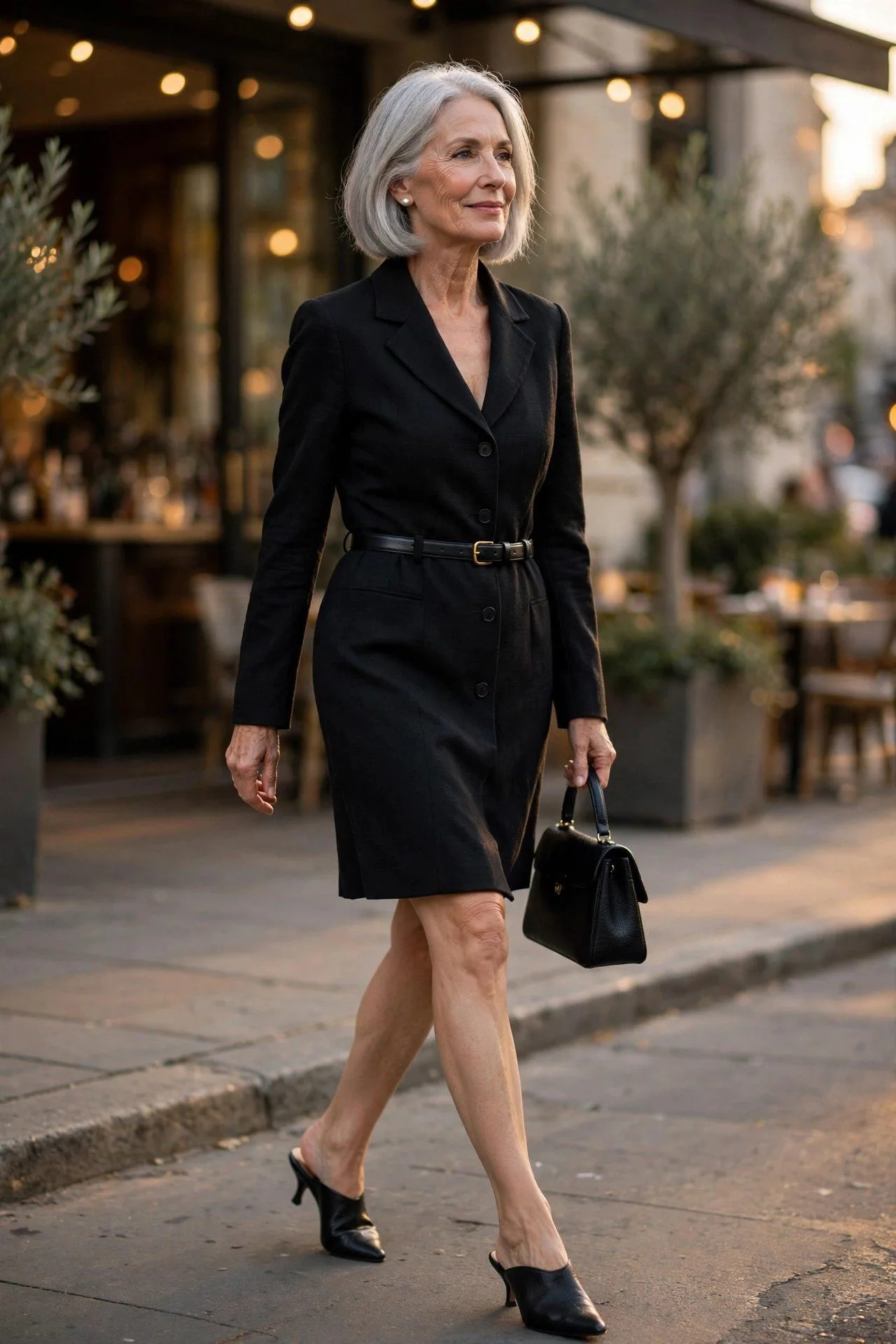 Chic older woman in a tailored black blazer dress cinched with a slim belt