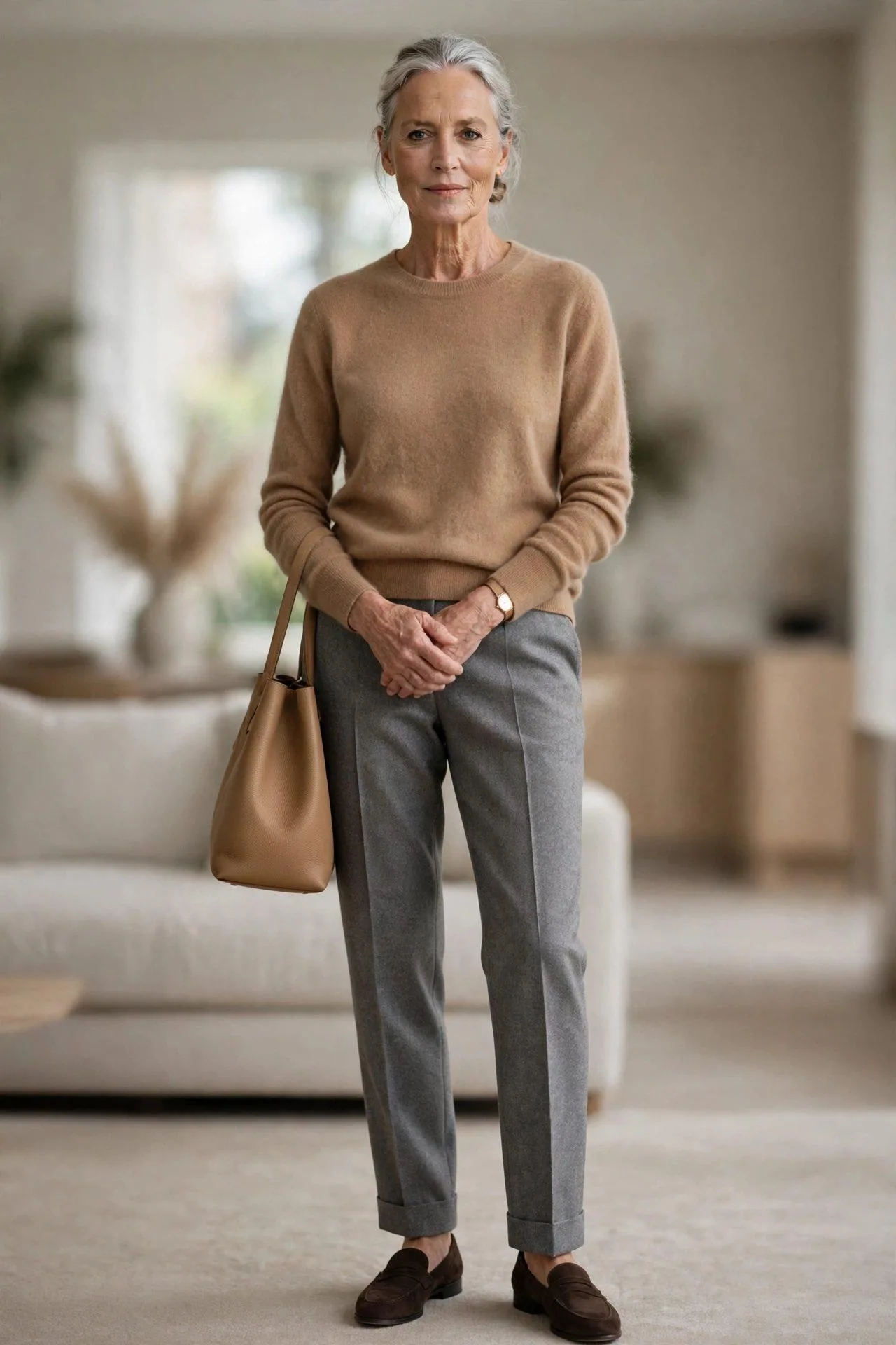 Understated mature woman in logo-free camel knit with gray wool pants