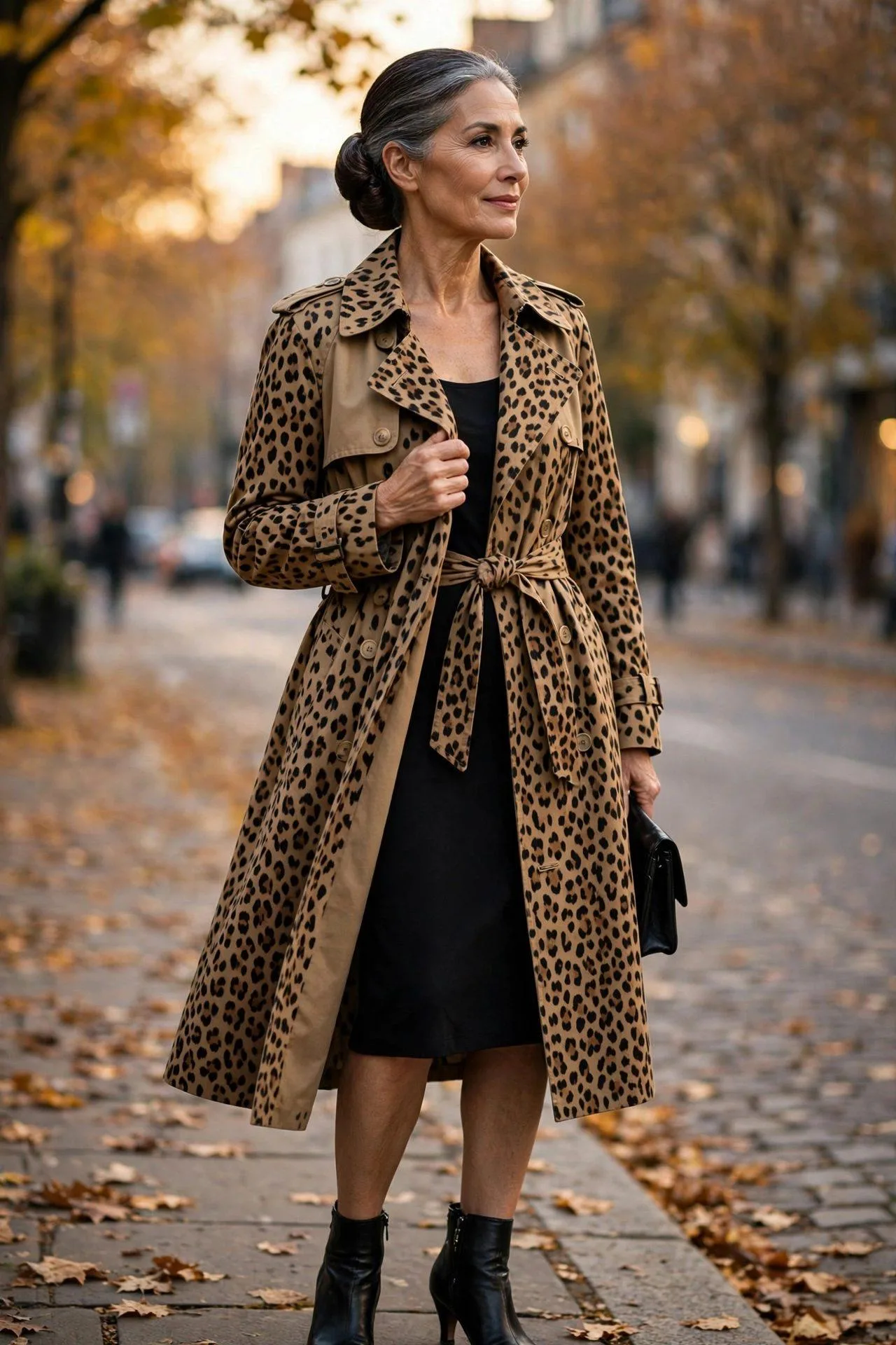 Poised woman over fifty in bold leopard trench layered over simple black dress